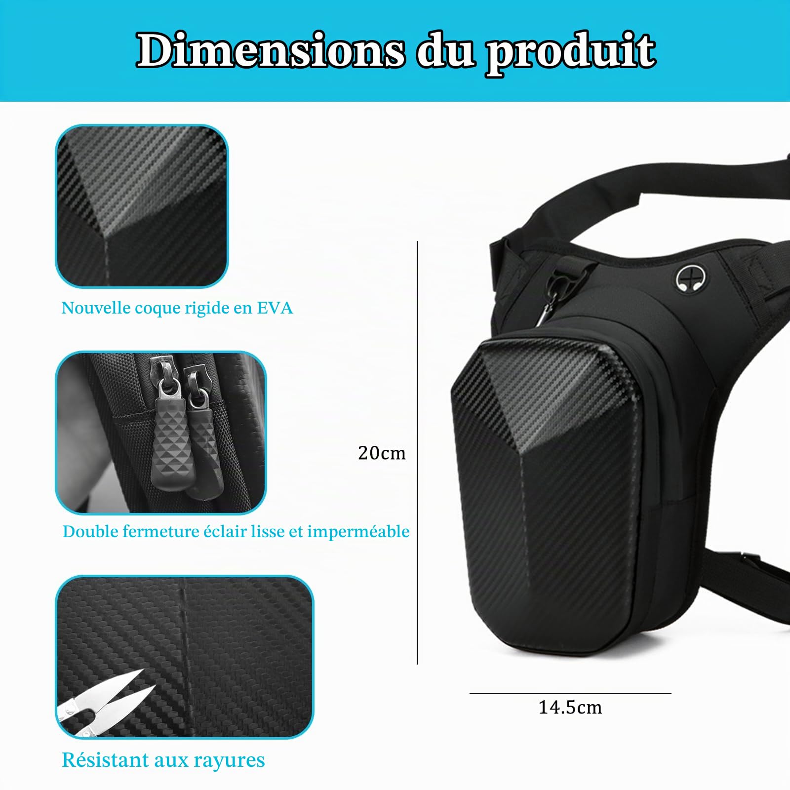 Sacoche de Jambe Moto Sac Banane Pochette Ceinture Sac de Jambe Capacité Extensible Coque EVA Sangle de Jambe Réglable pour Pêche Randonnée Cyclisme