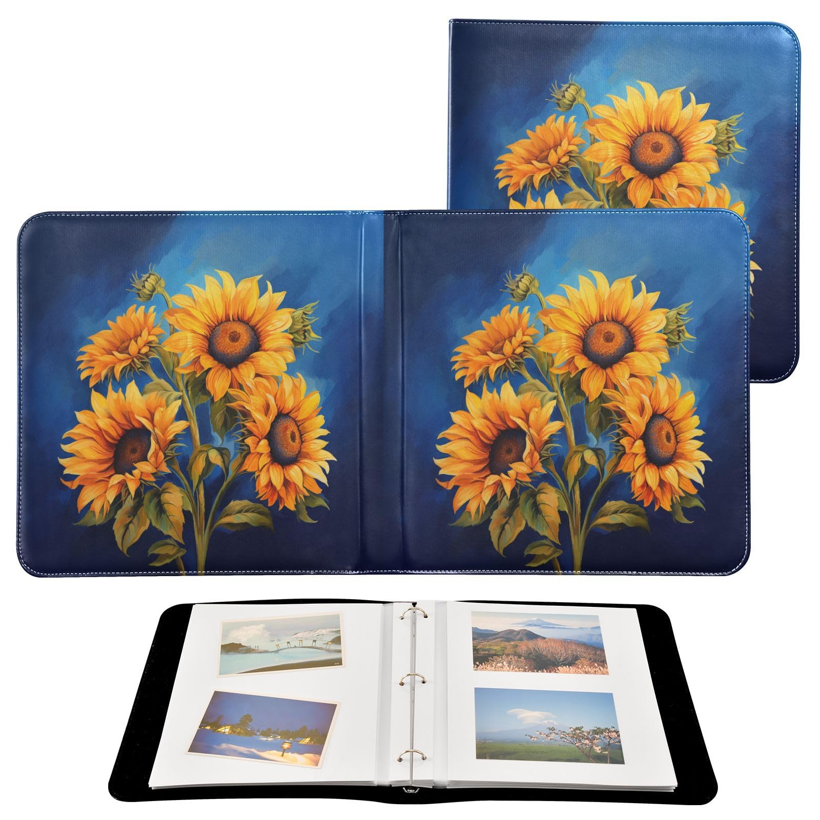 JIPONI Sunflower One Large Photo Album, DIY Leather Cover Scrapbook Albums for 4x6 5x7 6x8 Pictures, Self Adhesive Memory Book for Wedding, Baby, Family