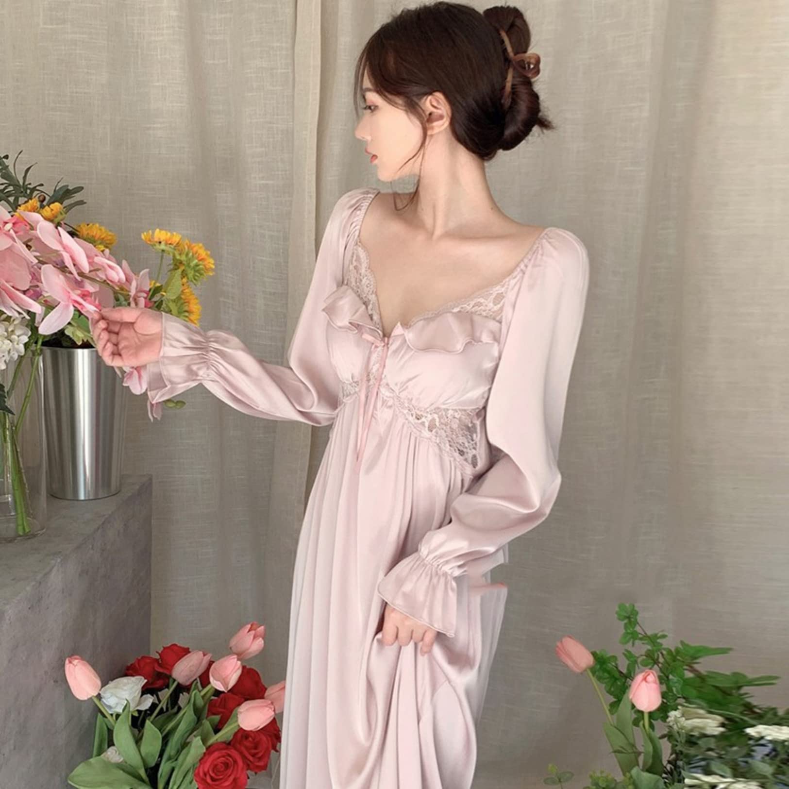 Amazon｜ネグリジェ 長袖 バッド入り フランス風 ルームウェア