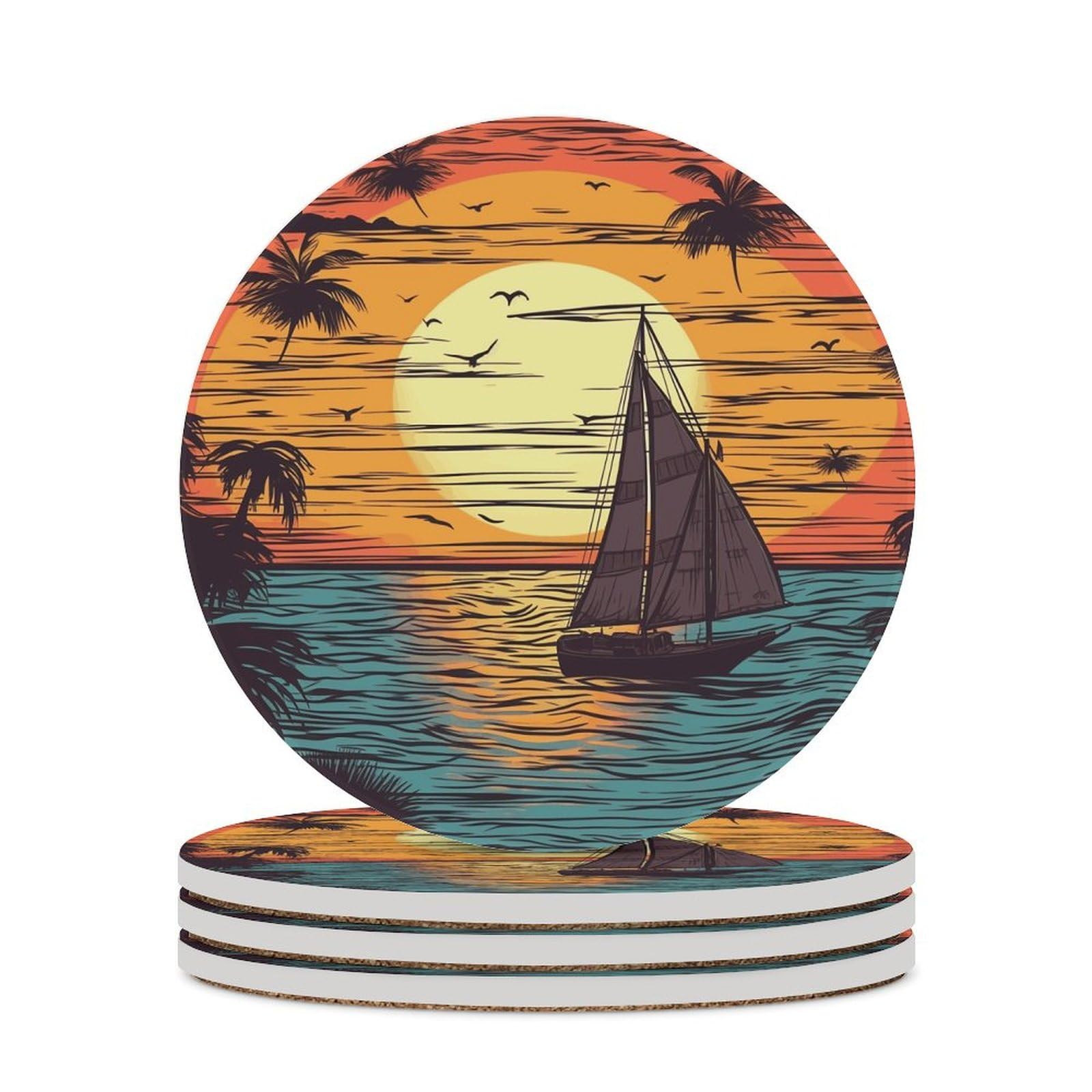 Dessous de verre rond anti-tache coucher de soleil et voilier pour protection et decoration de bureau