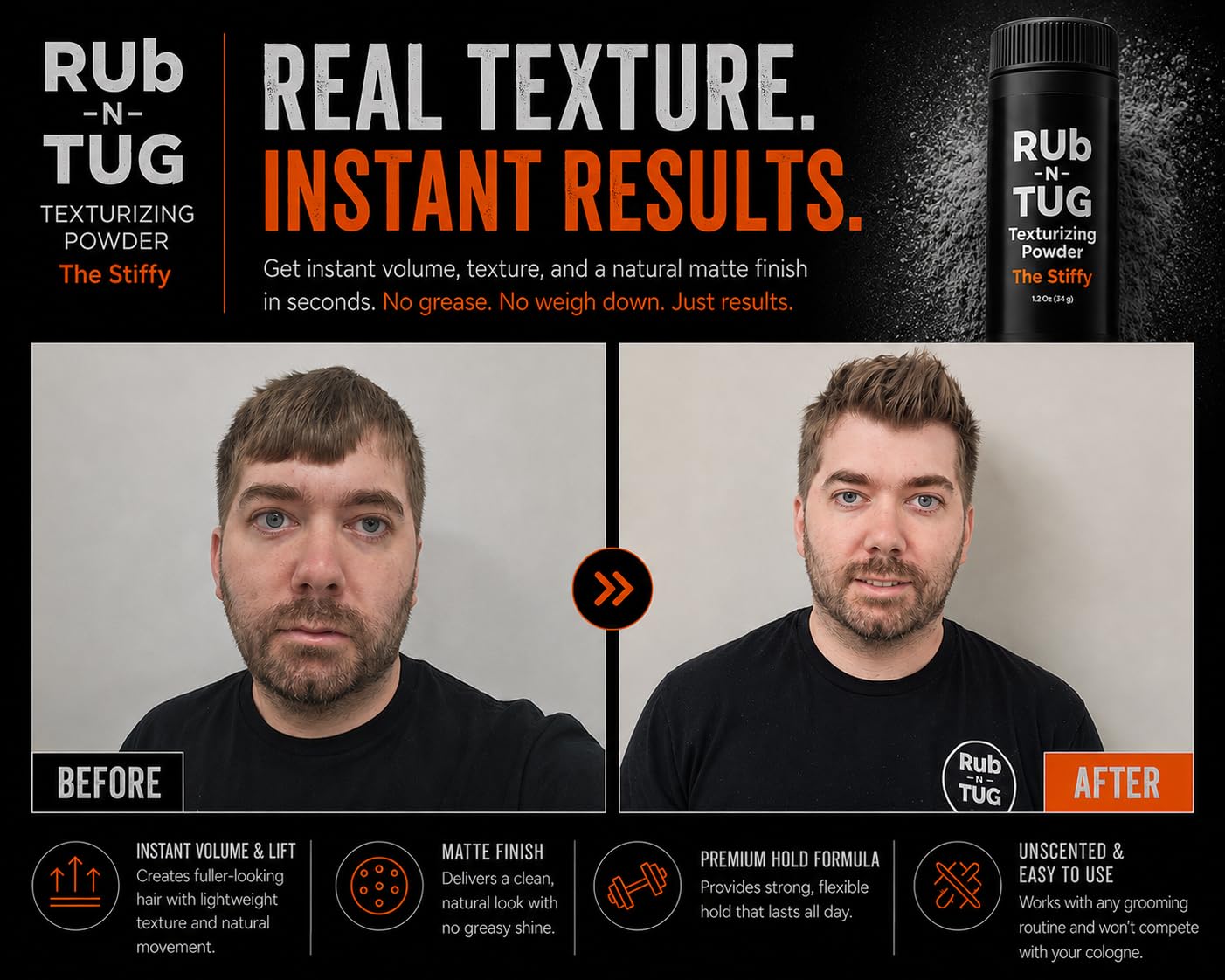 Rub N Tug Texture Powder - Volumizing & Texturizing Hair Styling Powder - Matte Finish- All-Day Hold - Natural Ingredients - Easy to Apply