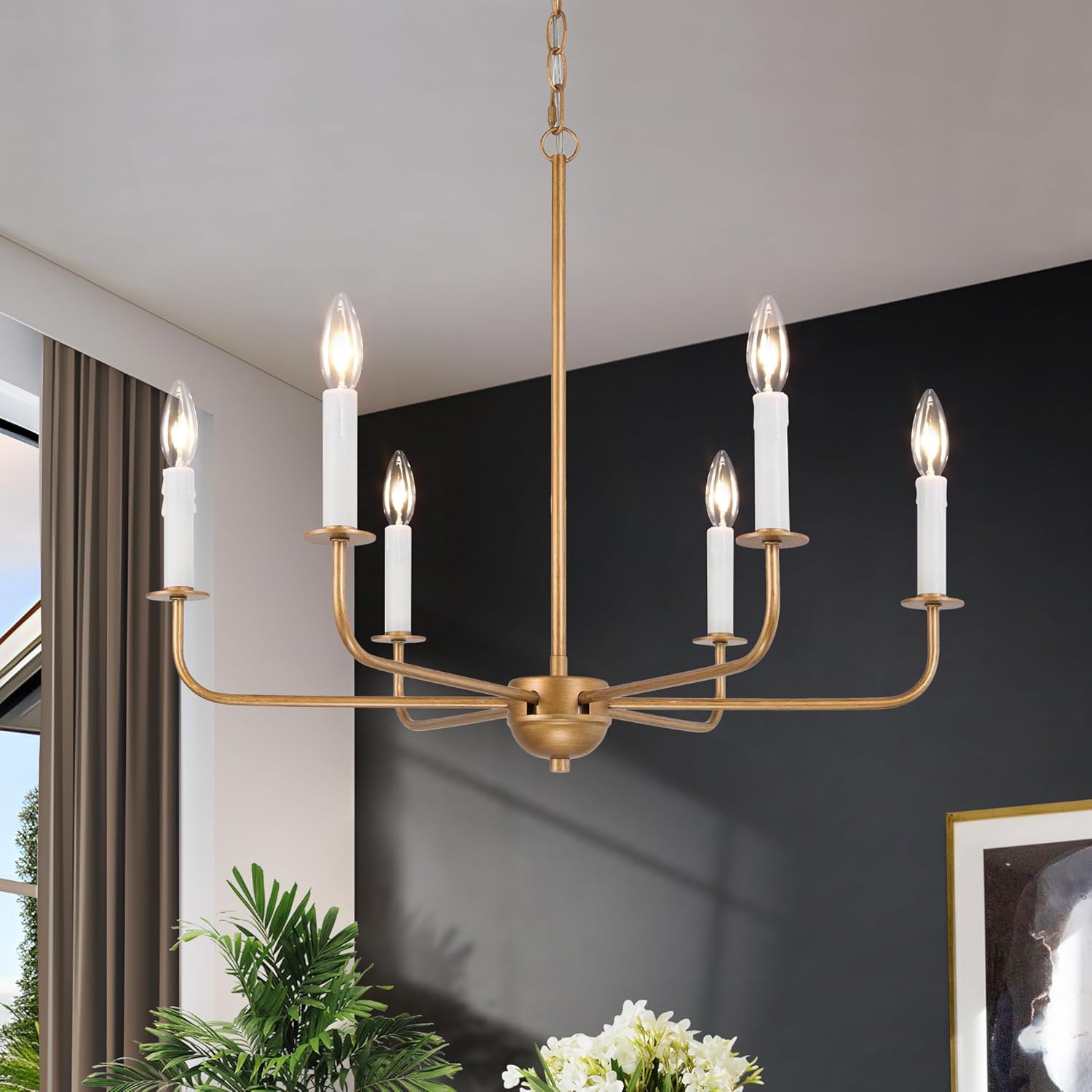 KSANA Antique Gold Chandelier, Modern 6-Light Dining Room Chandelier Light Fixtures for Kitchen, Bedroom, Foyer, Living Room and Entryway, 25" in Diameter