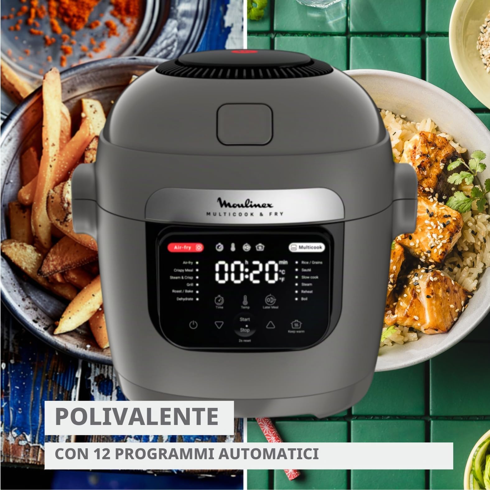 Moulinex Multicook Fry Multicooker & Air Fryer, 12 programmi, 6 L, Grigio, Spatola inclusa YY5553FB