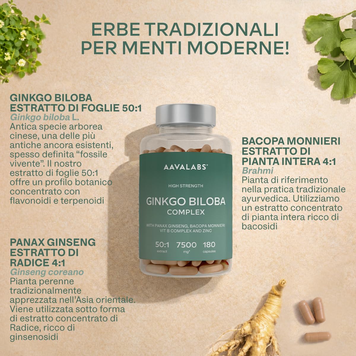 Ginkgo Biloba Integratore 7500mg 50:1 con Ginseng Rosso Coreano, Bacopa Monnieri, Vitamina B Complex, Zinco - Nootropico Integratore Memoria e Concentrazione, Metabolismo, Circolazione - 180 capsule