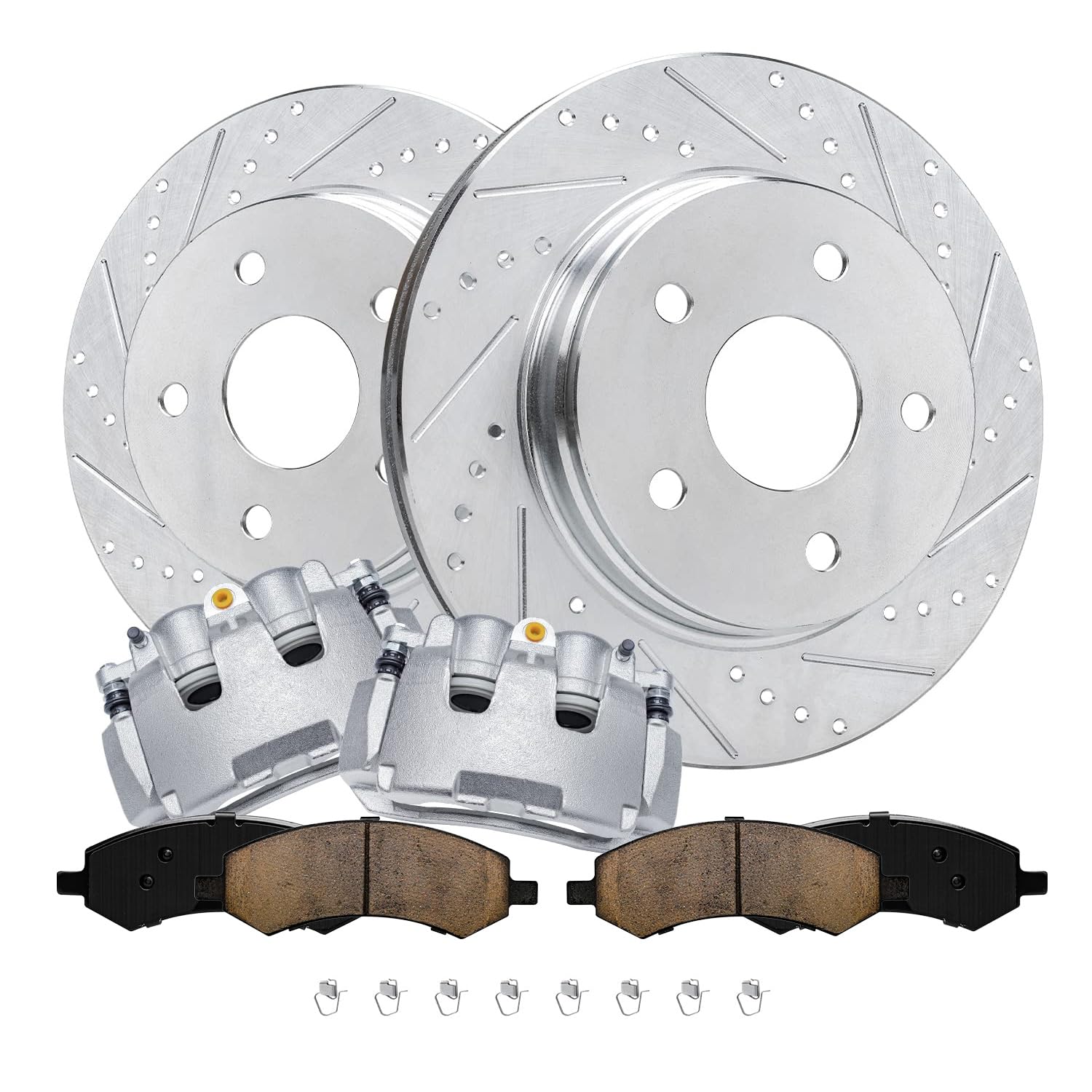 Detroit Axle - Front Brake Kit for Dodge Ram 1500 Classic Drilled & Slotted Disc Brake Rotors Brake Calipers Replacement Ceramic Brakes Pads