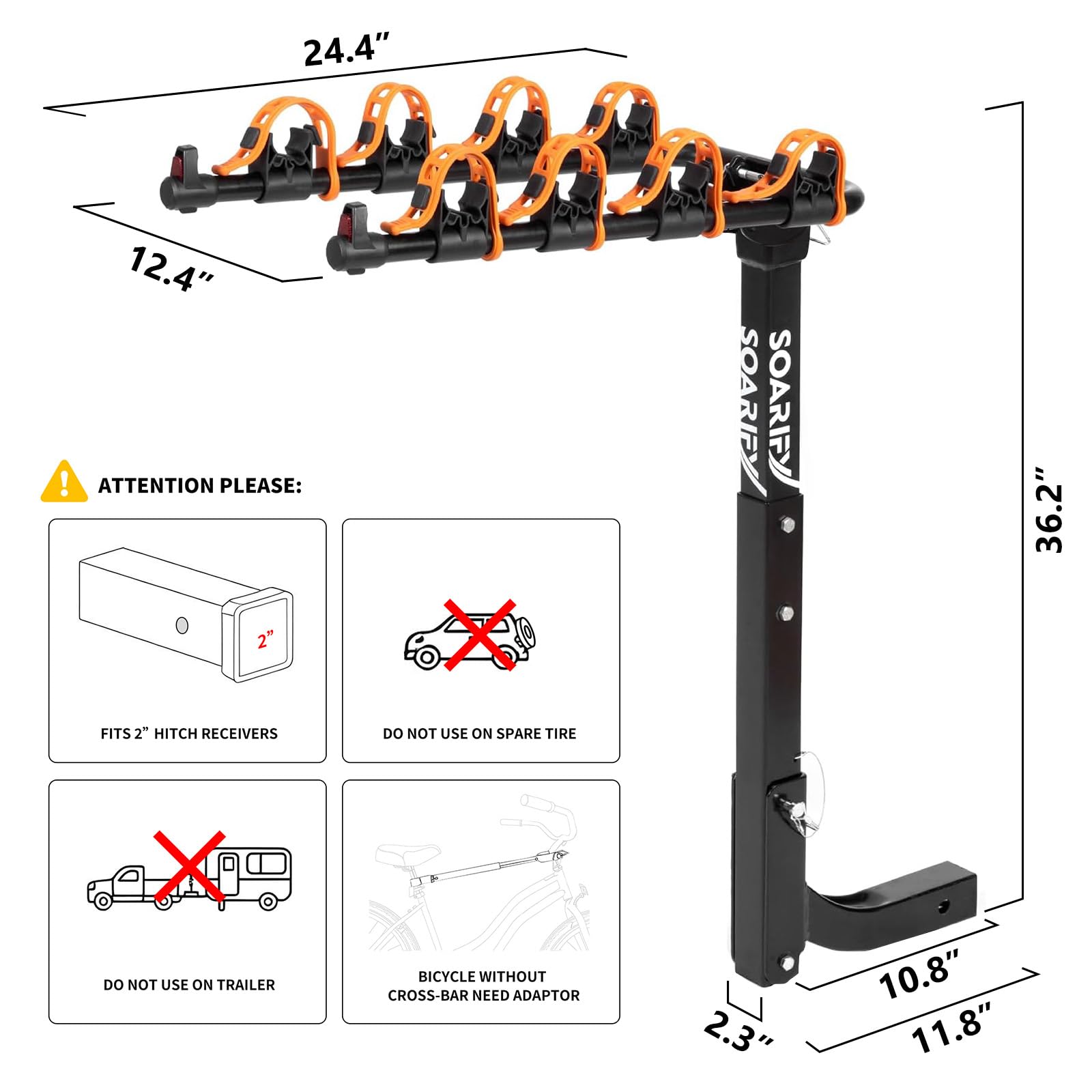 Bike Rack for Car, SUV, RV, Mount Hitch Bike Back 4, Up to 143 lbs Load Bicycle Rack Carrier Rubber Straps, Tilt Release with 2" Hitch for Cars (4BIKES)