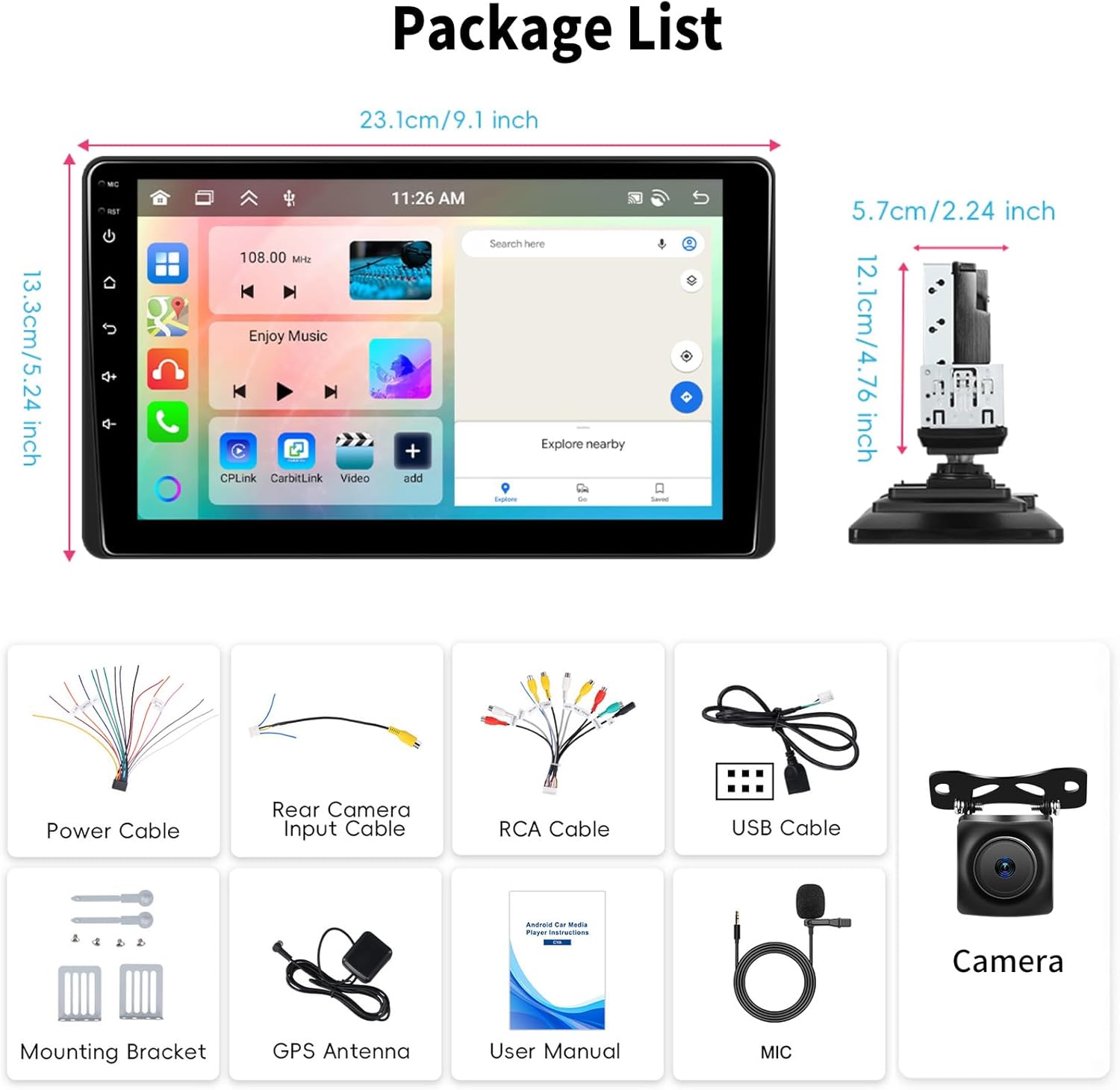 [4+64G] 8 Core Android 15 Single Din Car Radio Stereo with Wireless Carplay&Android Auto,9'' Rotatable Touch Screen Car Radio with Mirror Link GPS Navigation WiFi FM/RDS EQ Bluetooth+Backup Camera