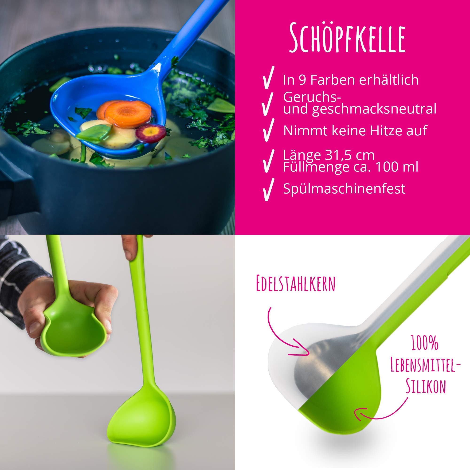 Kochblume Küchenhelfer Set, 5-teilig, Flexwender, Saucenlöffel, Schaumlöffel, Pastalöffel, Schöpflöffel | Premium Premium-Silikon & BPA freimit Edelstahlkern (rot)