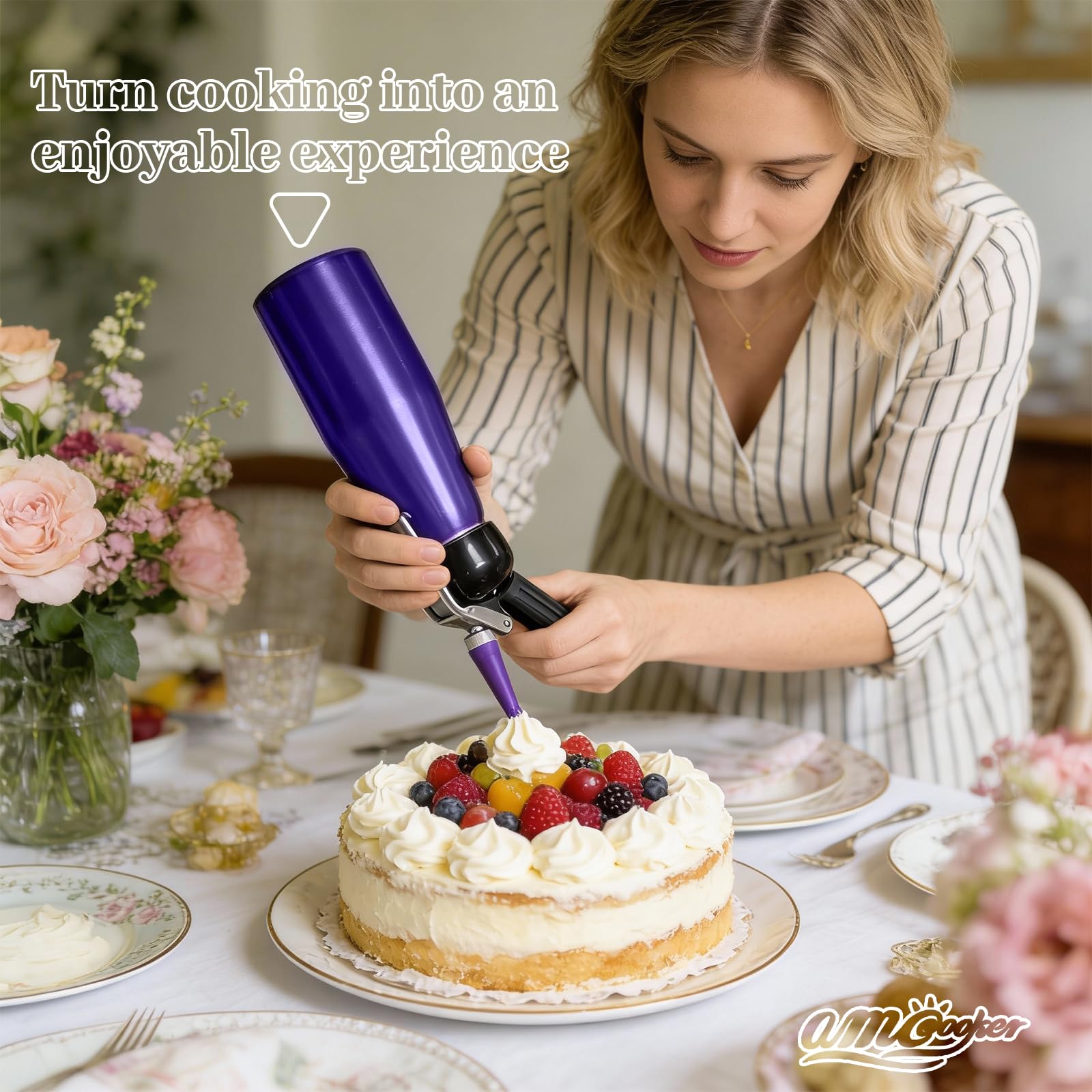 Sahnespender, Sahnesyphon, Sahnespender 500ml, Espuma Flasche, Schlagsahnebereiter Sprühsahne Sahnekapseln Sahnesiphon inkl. 3 Garniertüllen 1 Reinigungbürste, Sahnespender für Sahne,Dessert Herzhafte