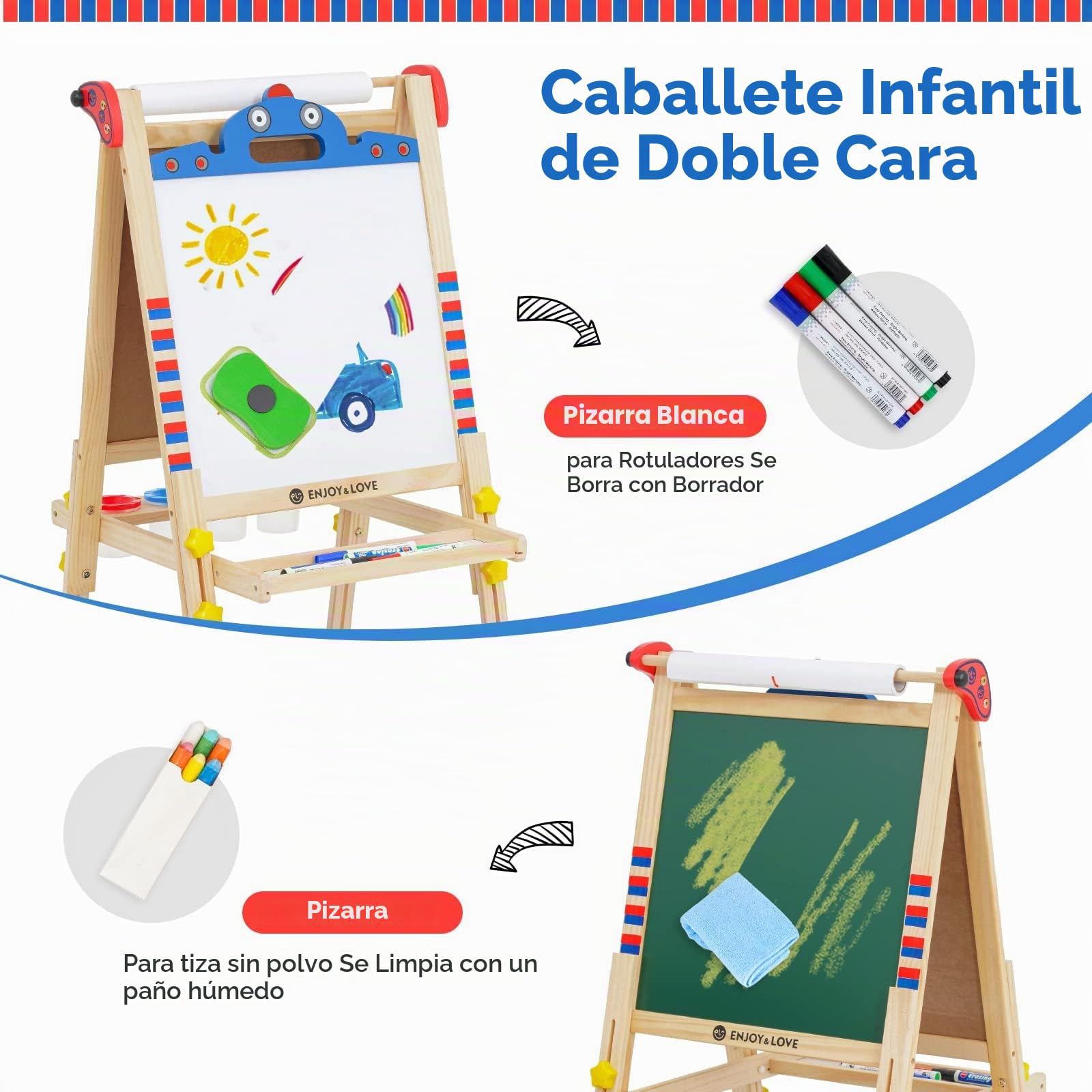 Caballete Pintura niños, tablero de Dibujo de Doble Cara de Madera, Caballete de Arte de Altura Ajustable con Números, Pergaminos y Otros Accesorios, adecuado para niños 2-15 años (Robot)