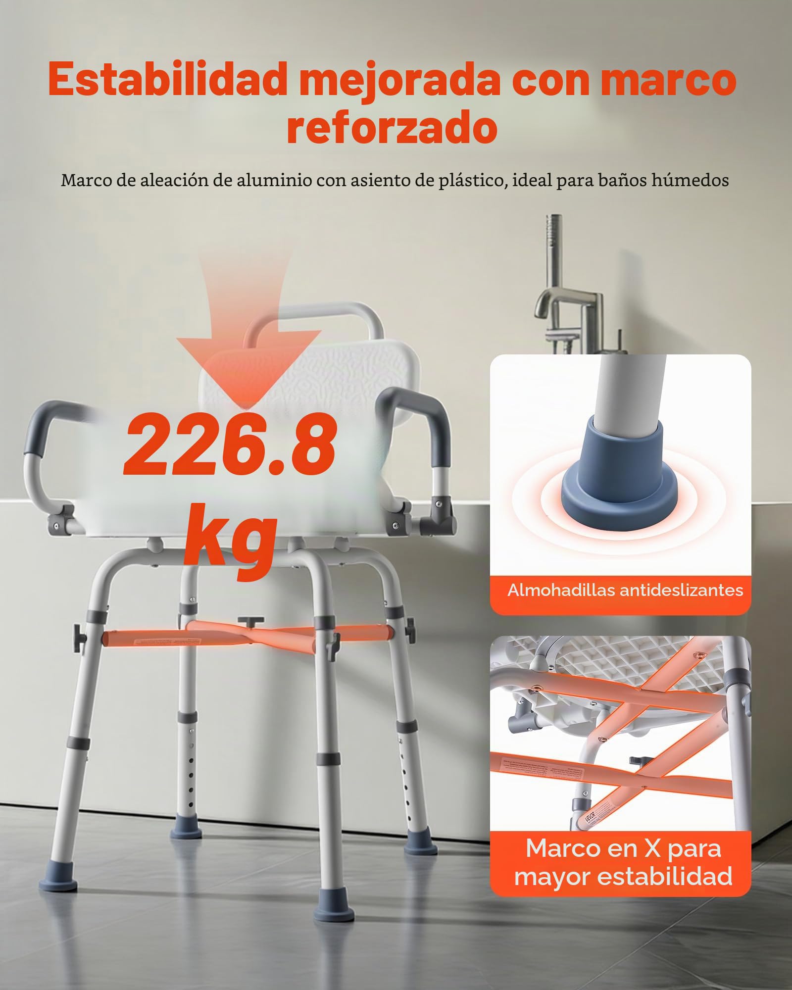VEVOR Silla de Bañera con Asiento Giratorio, Brazos y Respaldo, Carga de 226 kg, Altura Ajustable de 415 a 540 mm, Asiento de Bañera para Adultos, Personas Mayores, Personas con Discapacidad