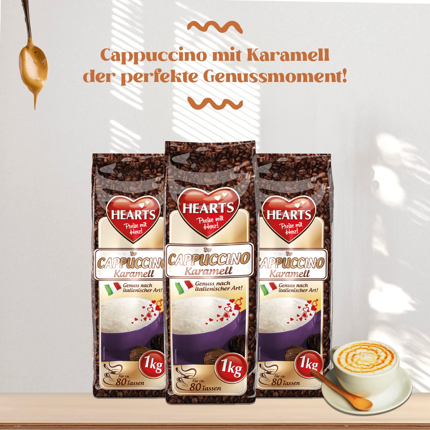 Hearts Cappuccino karmel, 10 x 1 kg, łatwo rozpuszczalny, kawa rozpuszczalna, wystarcza na 800 filiżanek