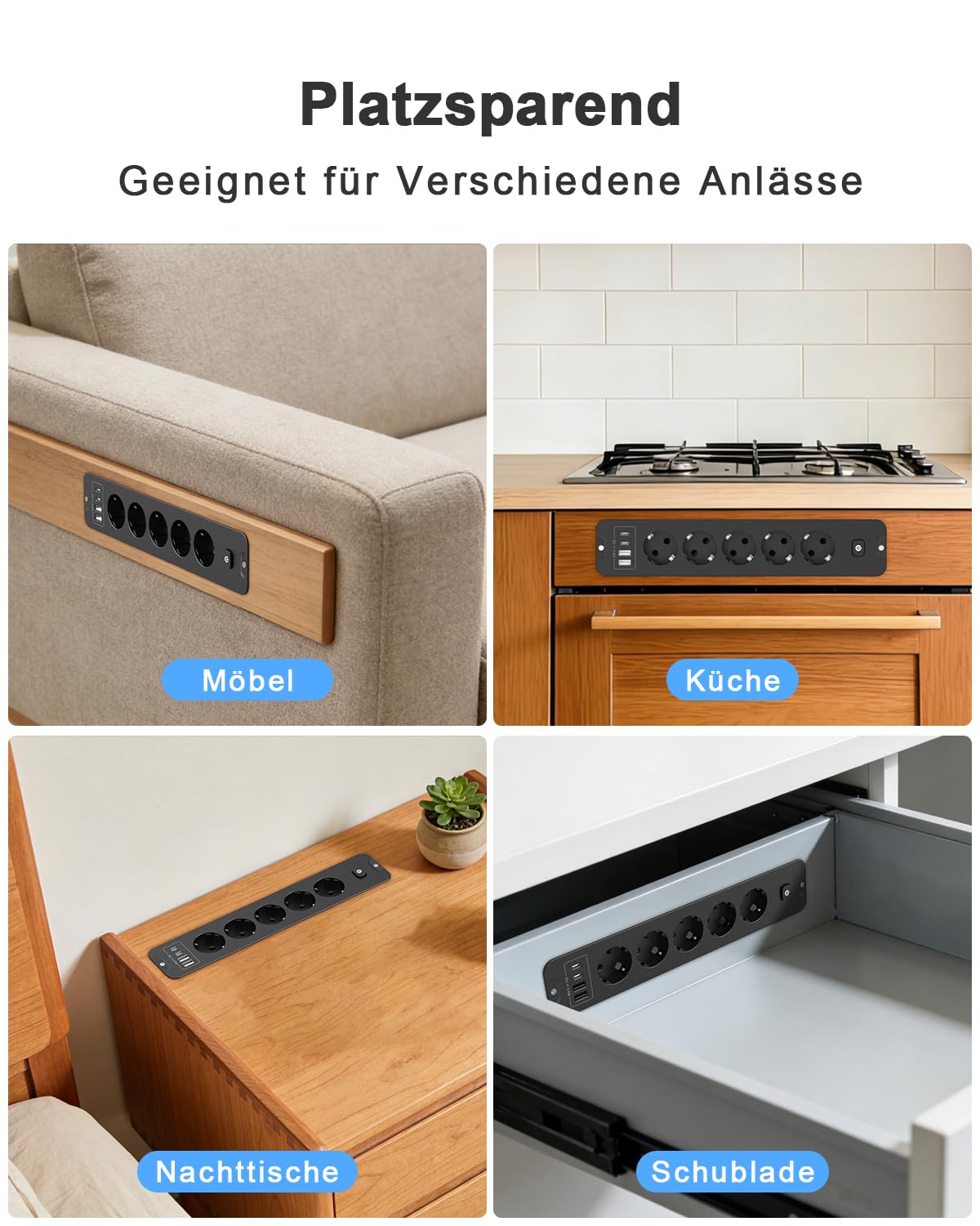 Ciabatta elettrica con USB, multipresa a 5 scomparti con interruttore, presa a scomparsa da tavolo, da cucina, con cavo da 2 m, per tavolo da conferenza, piano di lavoro, divano (nero, 5 scomparti)
