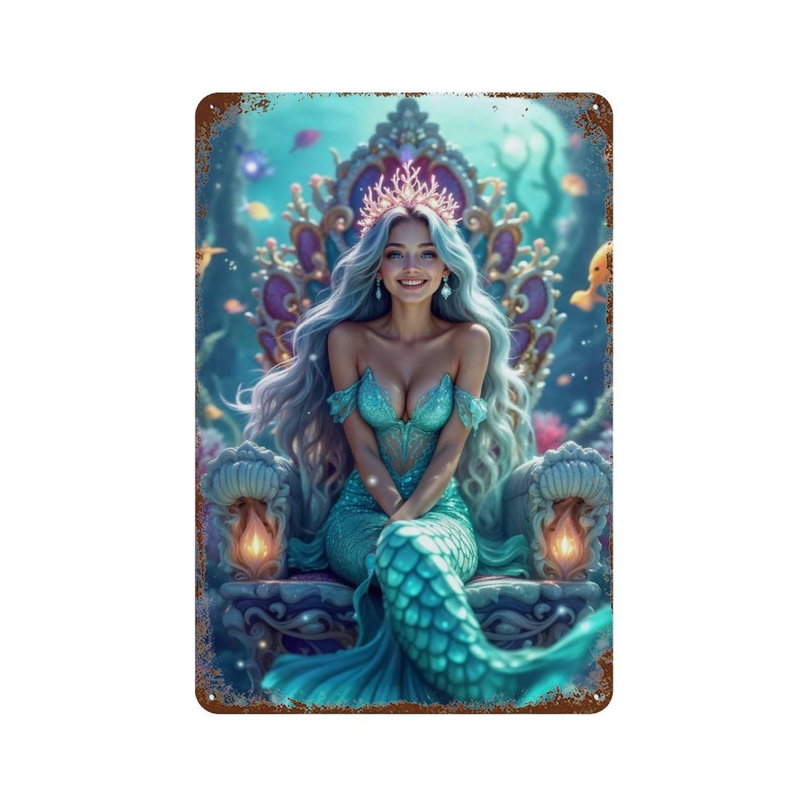 Mermaid Queen on Throne Vintage Rust Metal Sign 11.8"x7.9", for Garage, Bar And Workshop Decor, Decorative Metal Wall Art