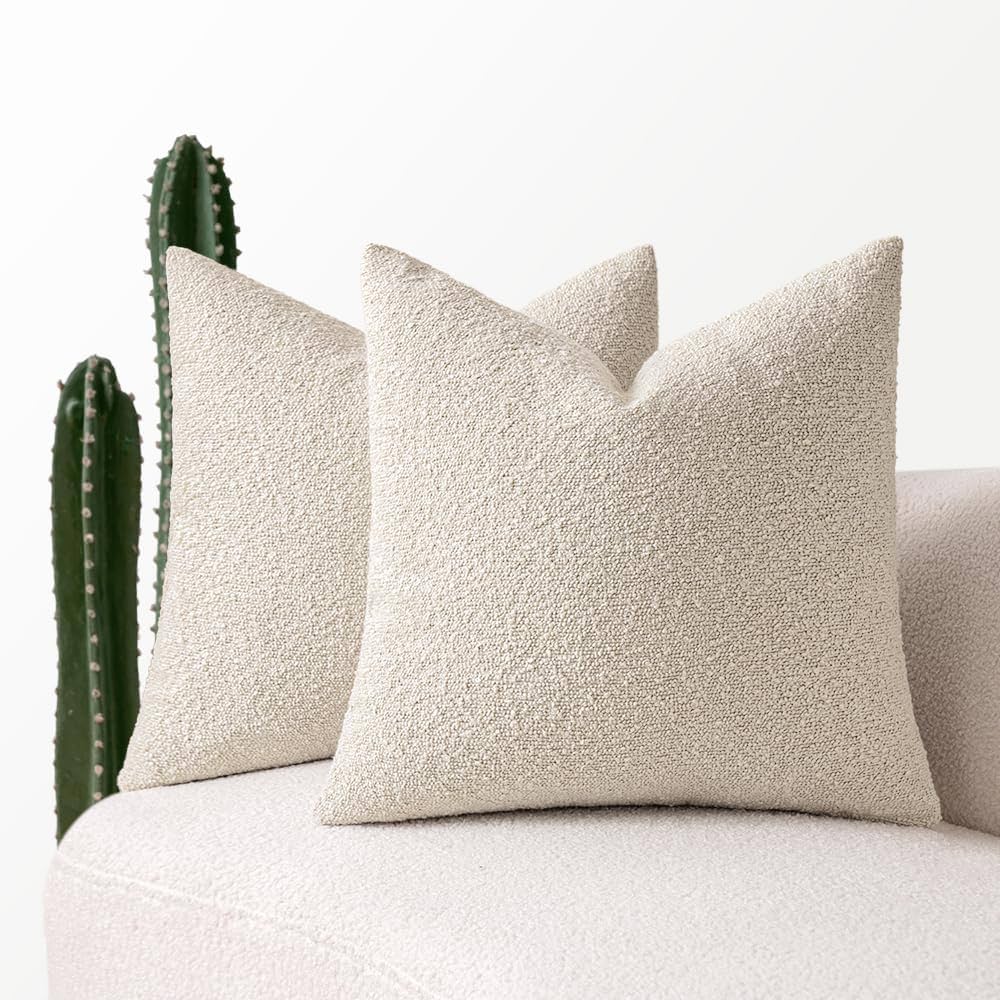 MIULEE 24x24 Decorative Euro Sham Throw Pillows for Bed Set of 2 Textured Boucle Neutral Throw Pillow Coverss Natural Beige Accent Solid Couch Pillowcase Cozy Soft Sofa Livingroom Home Decor