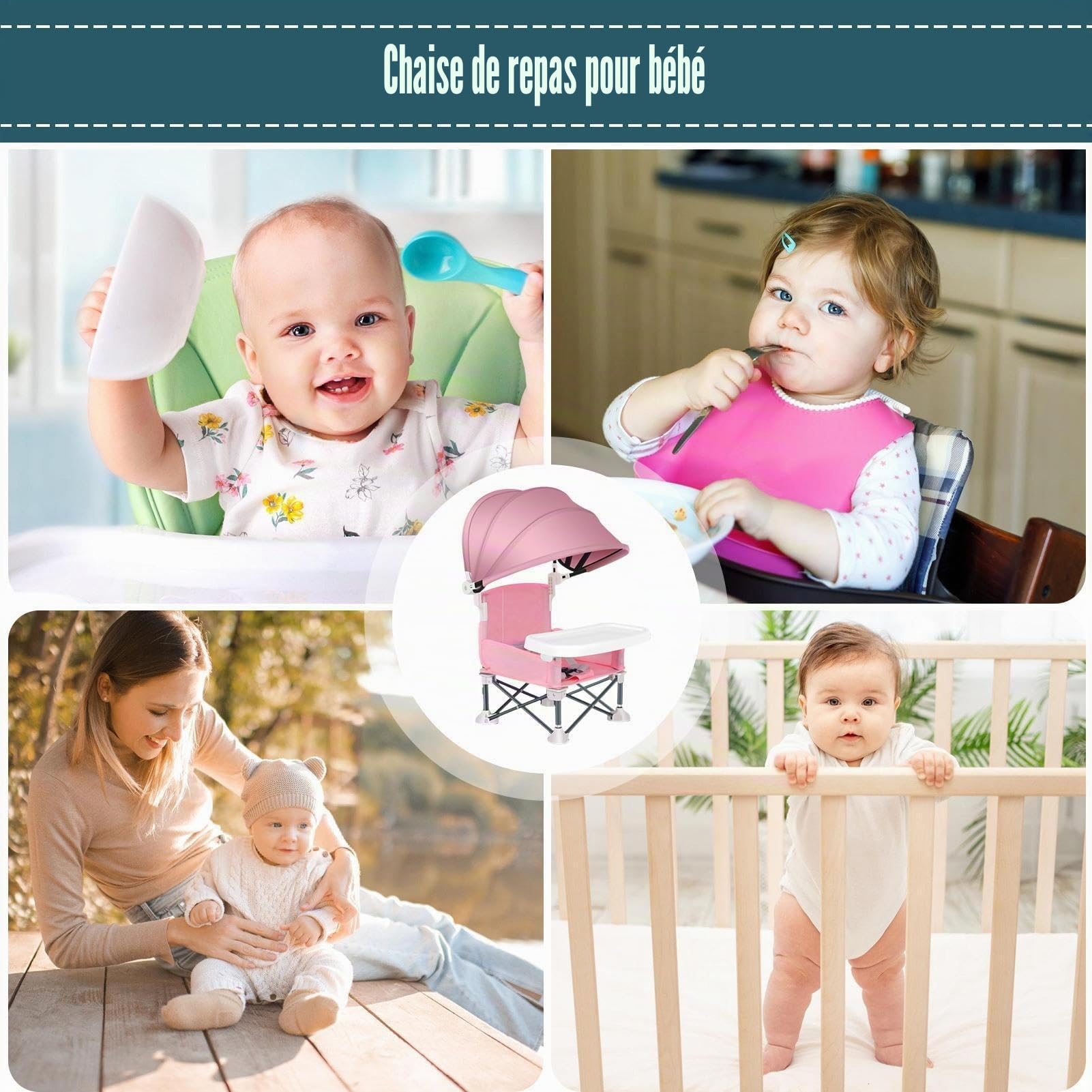 Chaise Haute Pliante Bebe | Chaise Haute Portable pour Bébé Pliable | Siège Enfant Siège De Voyage Pliable pour Déplacements | avec Auvent et Plateau Amovible, pour Plage, Extérieur, Camping