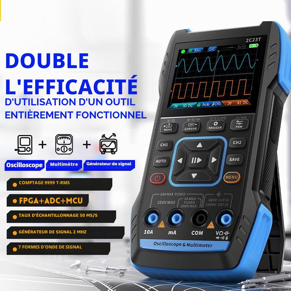 Oscilloscope Multimètre 3 en 1 Oscilloscope USB Oscilloscope 2 canaux 10 MHz Bande passante 50 MSa/s Taux d'échantillonnage 9999 comptes avec sonde Pince crocodile rouge noire Stylo multimètre