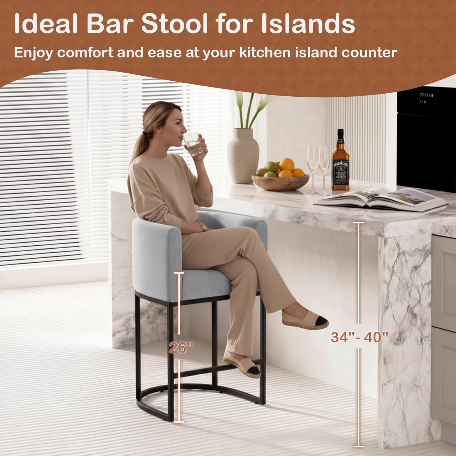 26" H Counter Height Bar Stools Set of 4, Modern Barrel Counter Stools with Backrest and Arms, Linen Fabric Upholstered Accent Barstools for Kitchen Island,Support 450 LBS