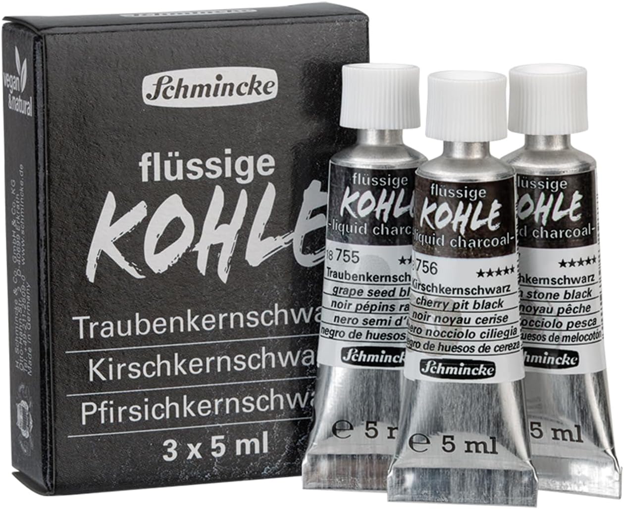 Schmincke - Liquid Charcoal, 18 758 097, set of 3 tubes à 5 ml, vegan liquid charcoal for painting and pre-sketching, ideal test set with all 3 black colors