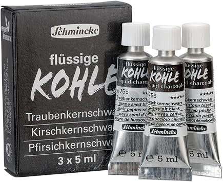Schmincke - Liquid Charcoal, 18 758 097, set of 3 tubes a 5 ml, vegan liquid charcoal for painting and pre-sketching, ideal test set with all 3 black colors