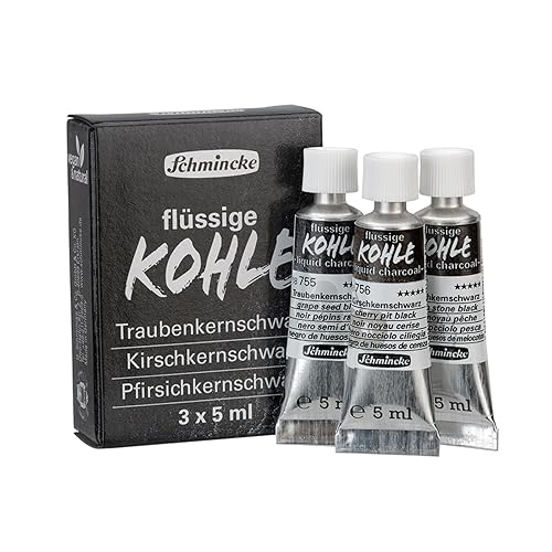 Schmincke - Liquid Charcoal, 18 758 097, set of 3 tubes à 5 ml, vegan liquid charcoal for painting and pre-sketching, ideal test set with all 3 black colors