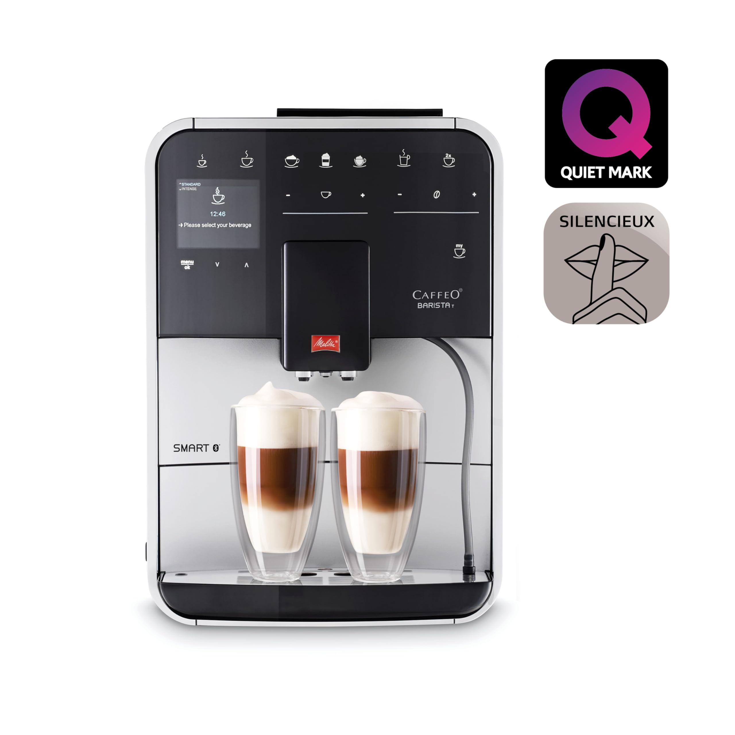 Melitta Barista T Smart Argent, Machine à Café à Grains avec Broyeur et Système One Touch, Mode 1 à 2 Tasses, Cafetière Connectée, Écran Couleur TFT, F831-101