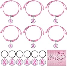 WANDIC 6 Pack Adjustable October Rope Bracelets for Women, Breast Cancer Drawstring Bracelet, Metal Key Chain for October Decoration, Event, Souvenir