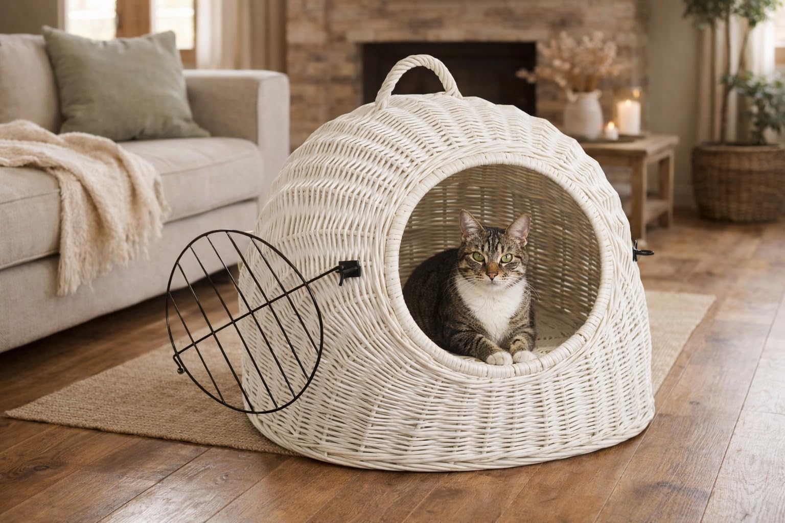 Weidenkorb Korbhöhle mit Gitter und Tragegriff – Abmessungen 50x40x45 cm – Transporthöhle – Weiße Farbe – Hersteller – Transporter ohne Kissen