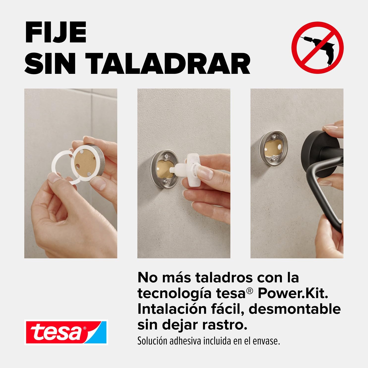 tesa Anilla de Toallas Moon Black, Negro Mate, autoadhesiva, tecnología de Montaje Adhesiva, 53 mm x 184 mm x 130 mm