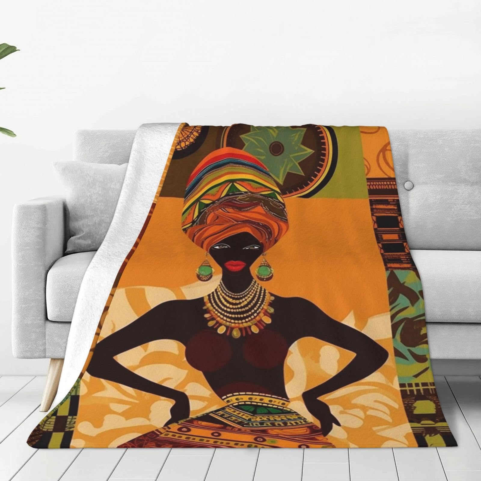 KLOPH African Woman Throw Blanket 60"x50" Flannel Fluffy Warm Blanket for Couch, Reversible Plush Blankets for Bed, Comfy Fuzzy Blanket for Sofa, Plush Lightweight-Blankets for All Season