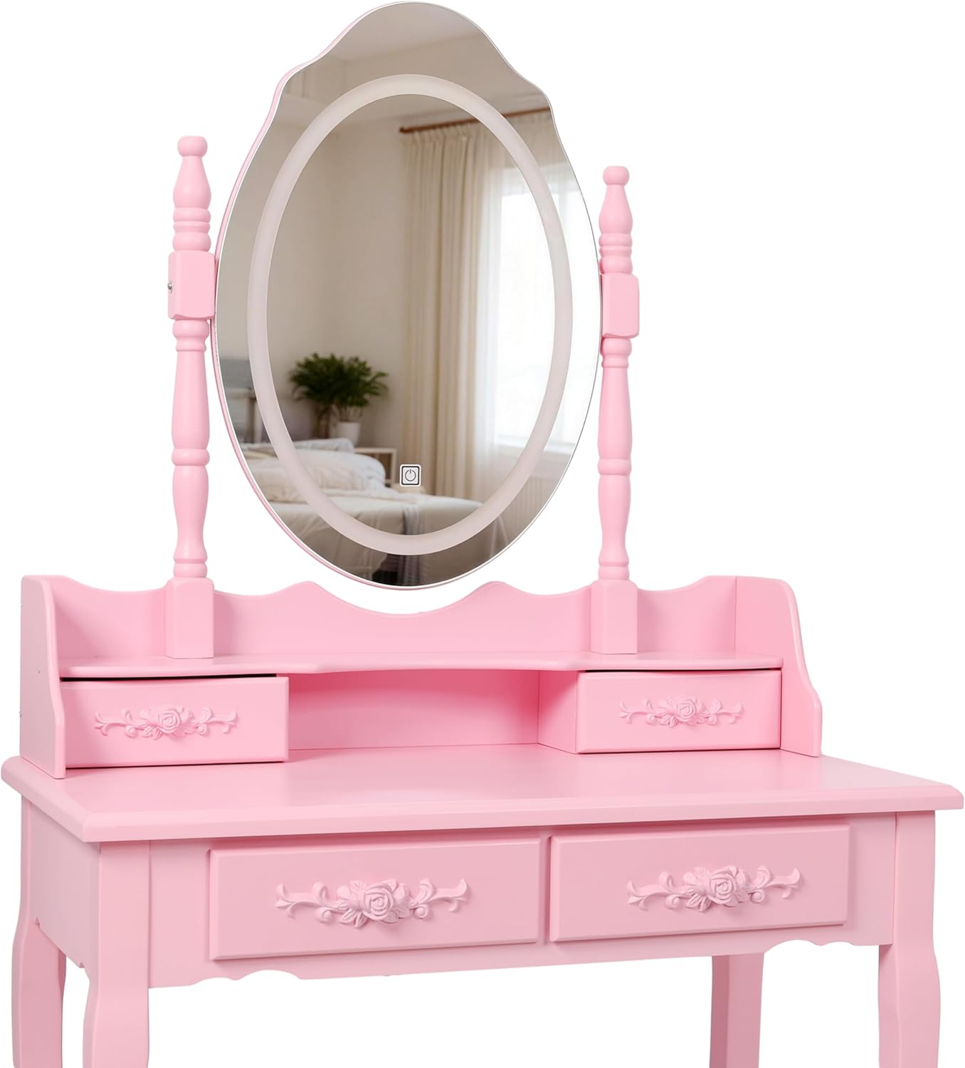 ZenithX Pink Princess Vanity Desk Set with Mirror & Cushioned Stool, Adjustable Light Modes, 4-Drawer Wooden Makeup Vanity Table with Large Storage for Girls’ Bedroom, Elegant Dressing Table
