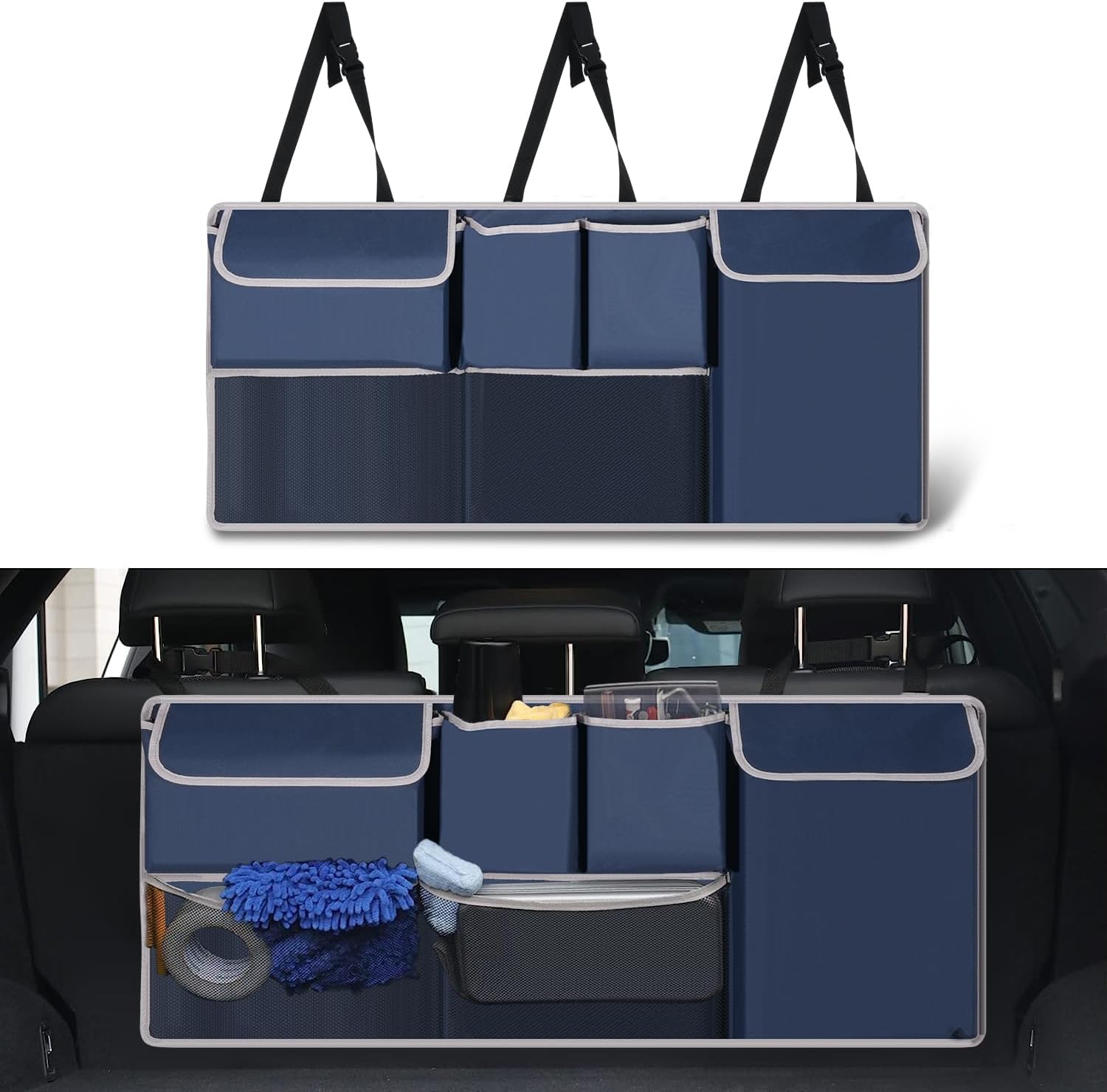 Trunk Hanging Organizer, Backseat Storage Bag, Collapsible Car Interior Accessories with 4 Pockets & 2 Mesh Pouches for Tools, Provide More Storage Trunk Space for SUV, Jeep, MPVs (Drak Blue)