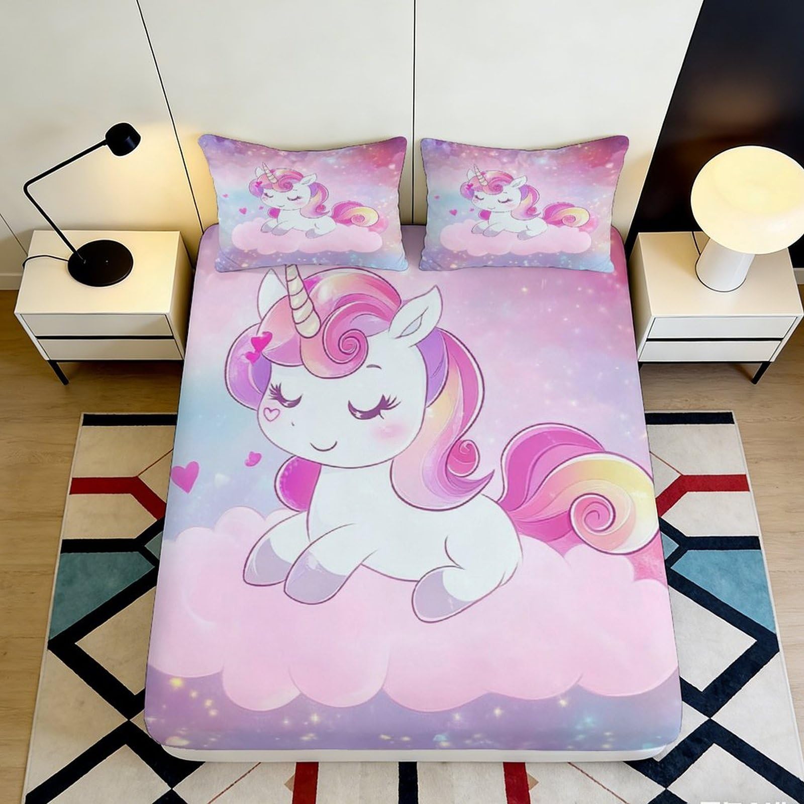 3D Printed Pastel Unicorn Fitted Sheet Microfiber Soft Anti-Slip Pink Fantasy Rainbow Bed Cover for Bedroom Guest Room Decor 180x200x25cm