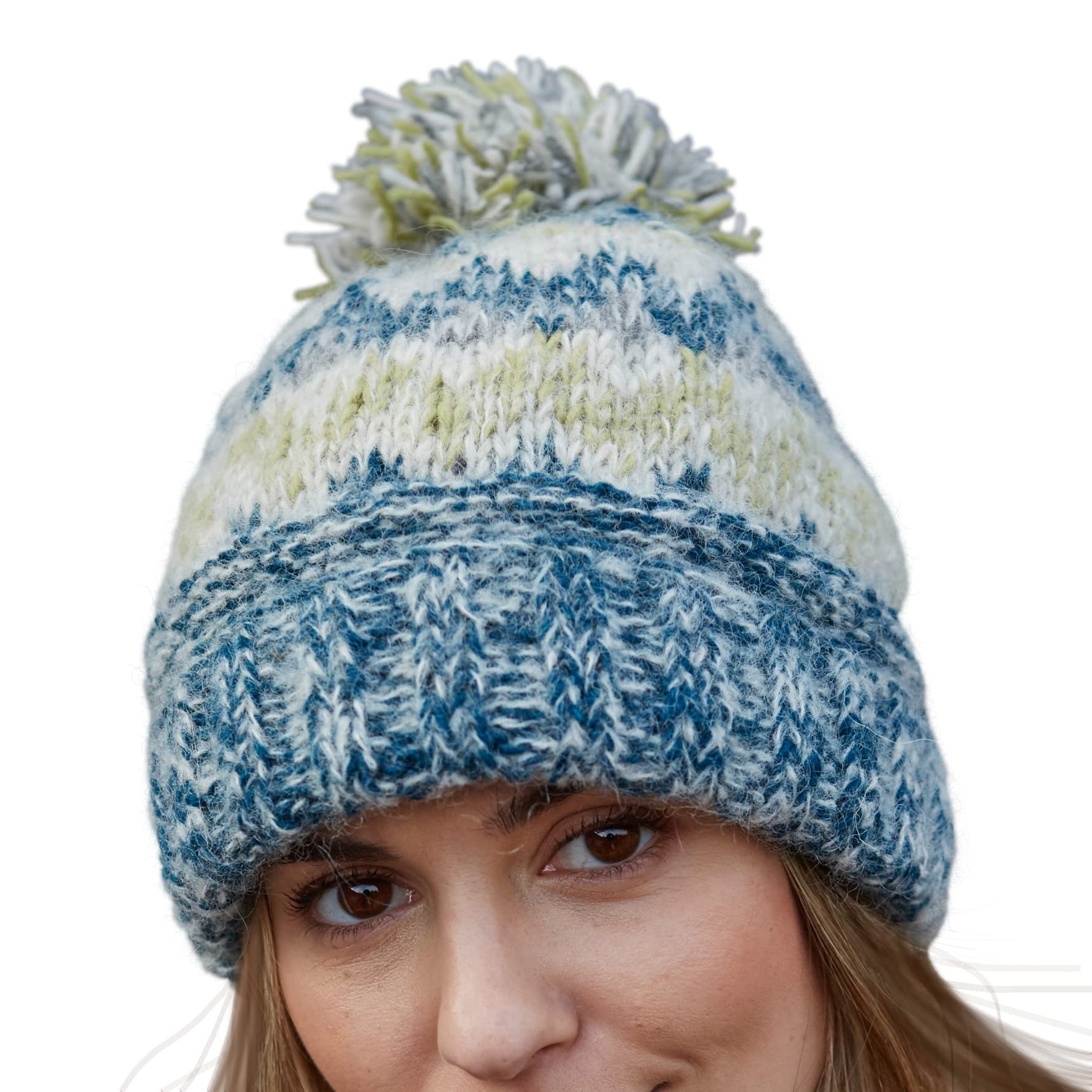 Pachamama Women Wool/Mohair Beanie Bobble Hat Sherpa Fleece Lined Handknitted Soft Stripe One-Size Handmade Extra Warm Fair Trade (Spruce)