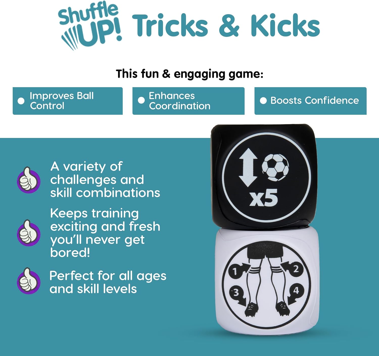 Shuffle Up Tricks & Kicks Soccer Dice Game - Soccer Challenging Skills Training Dice, Outdoor & Indoor Soccer Games for Kids, Kick Ups Training Dice, Soccer Gifts for Boys & Girls | (2 Dices) - Image 4