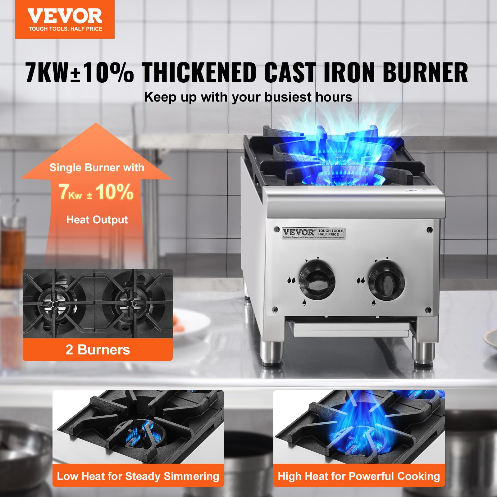 VEVOR Cuisinière à Gaz Commerciale avec 2 Brûleurs, Plaque de Cuisson de Comptoir au Propane et au Gaz Naturel, 14 kW, en Acier Inoxydable, Équipement de Cuisson Commercial pour Restaurant Domicile