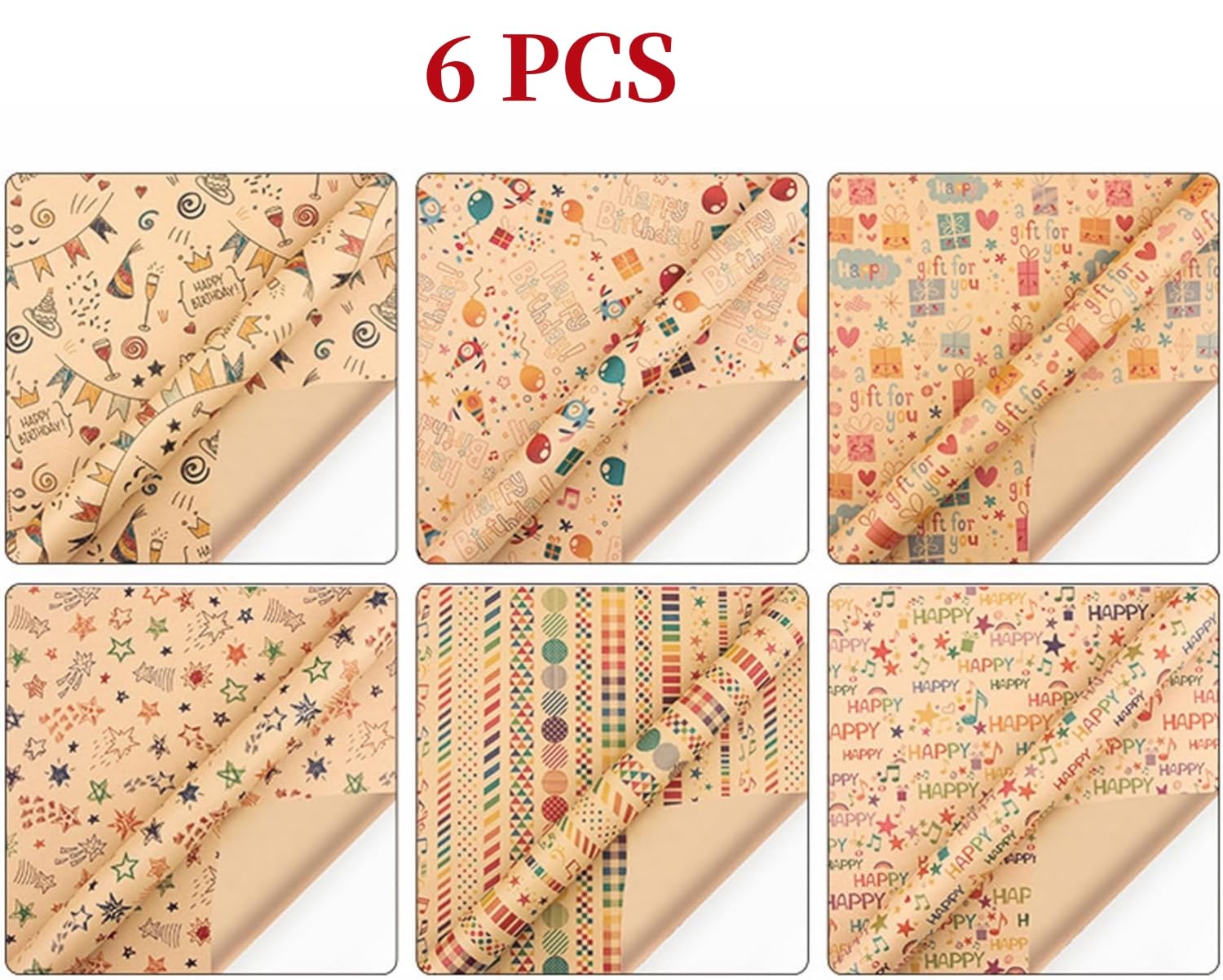 Fenglin-joy Papel de Regalo, 6 piezas 70X50cm Papel Regalo Cumpleaños con Hilo de Yute, Cinta Adhesiva de Doble Cara y Pegatinas para Bodas, Fiestas, Navidads