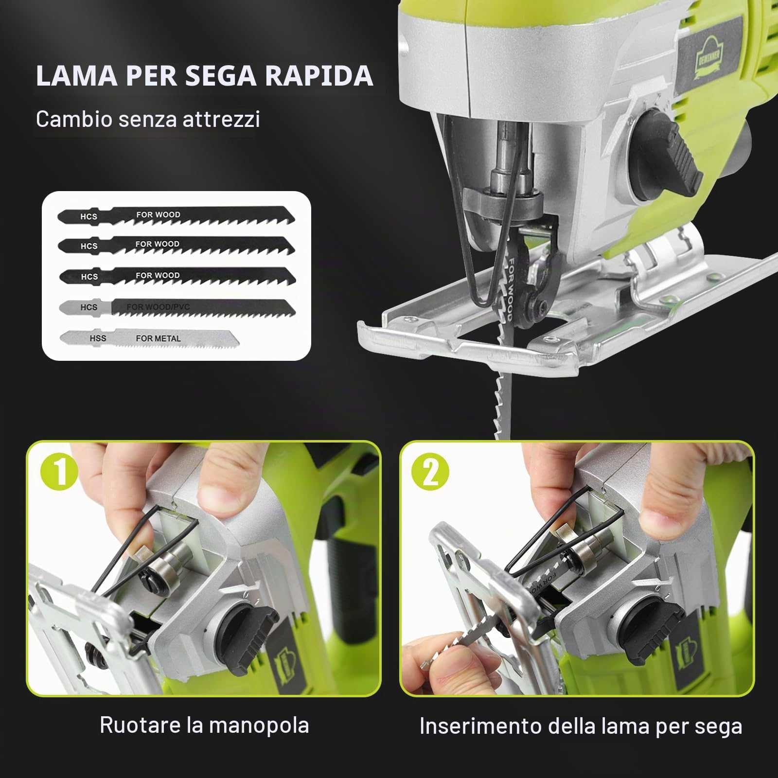DEWINNER Seghetto alternativo a batteria 20V, Cambio Lama Senza Attrezzi(attacco di aspirazione, batteria 2x 2,0 Ah, Profondità di Taglio: 80 mm,caricabatteria e valigetta,Scatola)
