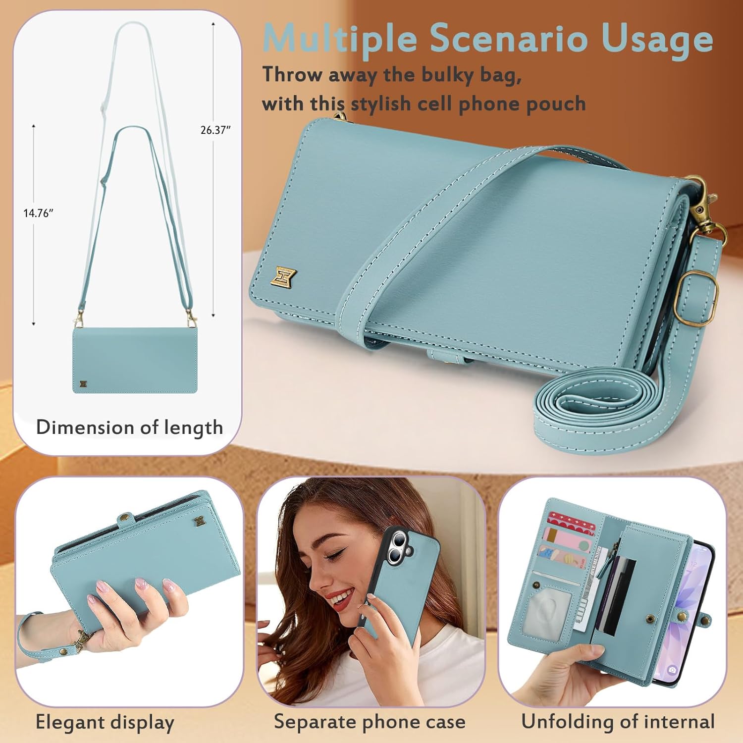for Wallet Case Compatible with iPhone 17,Multi-Function Detachable 2 in 1 Magnetic iPhone 17 Case Wallet,Flip Strap Zipper Card Holder Phone Case with Shoulder Straps (Blue)