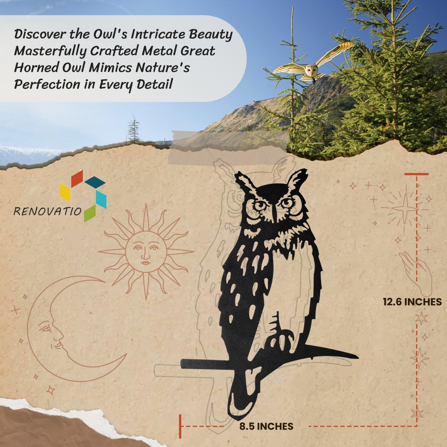 Renovatio Owl Metal Bird Art, Gifts for Dad, Owl Outdoor Decor for Garden, Yard & Patio – Majestic Bird Ornament & Yard Art – Garden Statues, Outdoor Ornaments & Durable Backyard Decor – Black