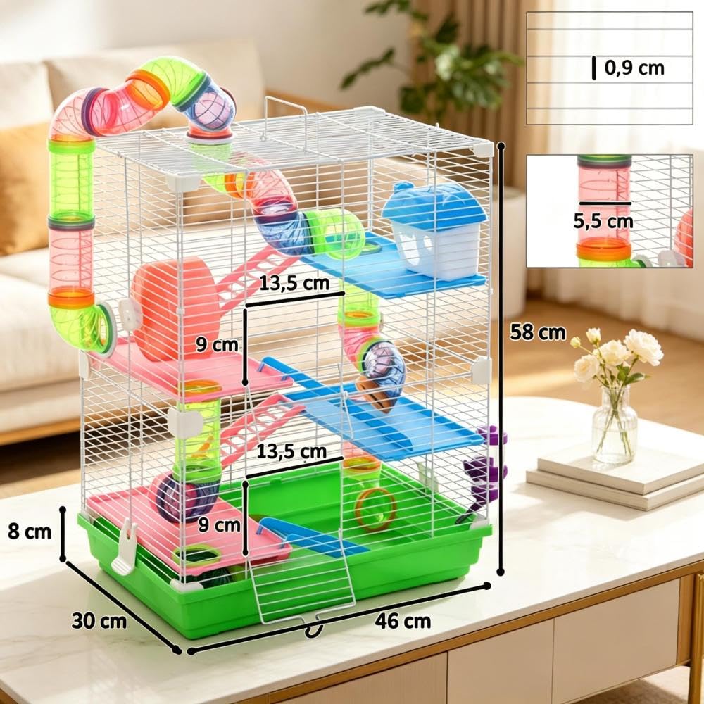 Grüner Hamsterkäfig aus Metall & PP, Mehrstöckiger Nagetierkäfig, Vertikaler Haustierkäfig mit komplettem Spielzubehör für kleine Nager
