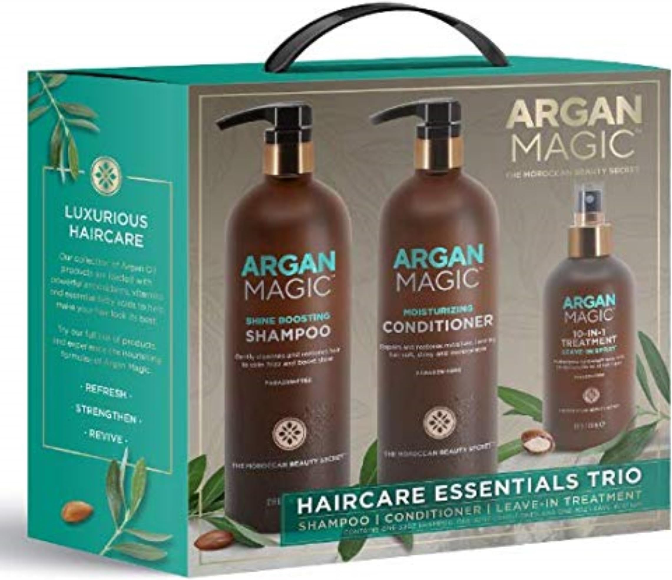 Hair Care Essentials Trio - Shine Boosting Shampoo | Moisturizing Conditioner | 10 in 1 Leave in Spray | Restores Shine & Elasticity | Hydrates | Detangles, (32 oz / 8 oz)