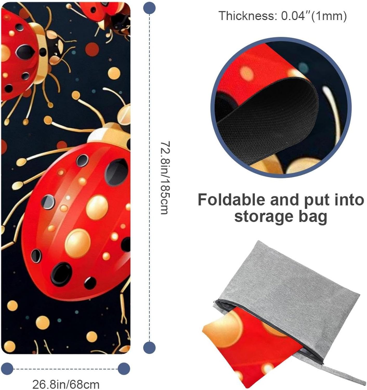 Yoga Towel, Ladybug Pattern Non Slip Sweat Absorbent Hot Yoga Mat Towel for Hot Yoga, Pilates and Fitness - 72.8" x 26.8"