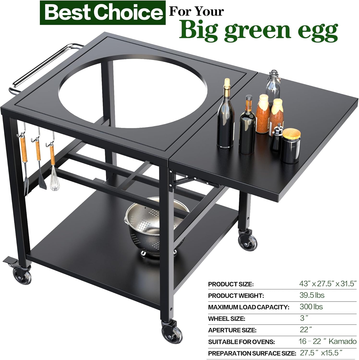 Outdoor Grill Table for Big Green Egg Accessories, Heavy Duty Metal Cart Prep Table with 3 inch Caster, Storage Shelf, Hooks, Compatible with Large Big Green Egg Grill