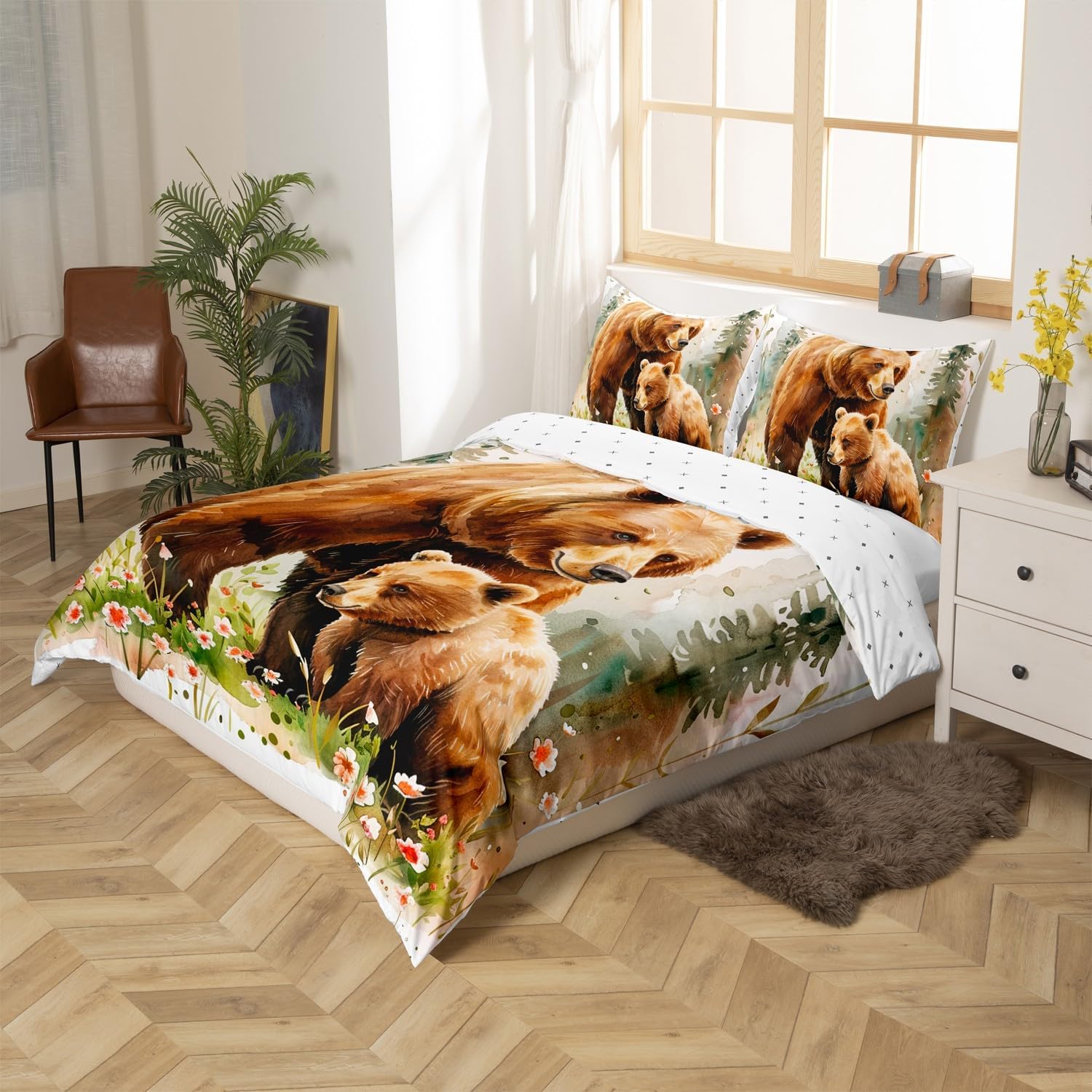 Bear Family Duvet Cover Set Toddler,Jungle Safari Animals Bedding Set 2Pcs for Kids Girls Boys Room Decor,Botanical Flowers Comforter Cover (Not Comforter),Bedding Set 2 Pcs with 1 Pillowcase