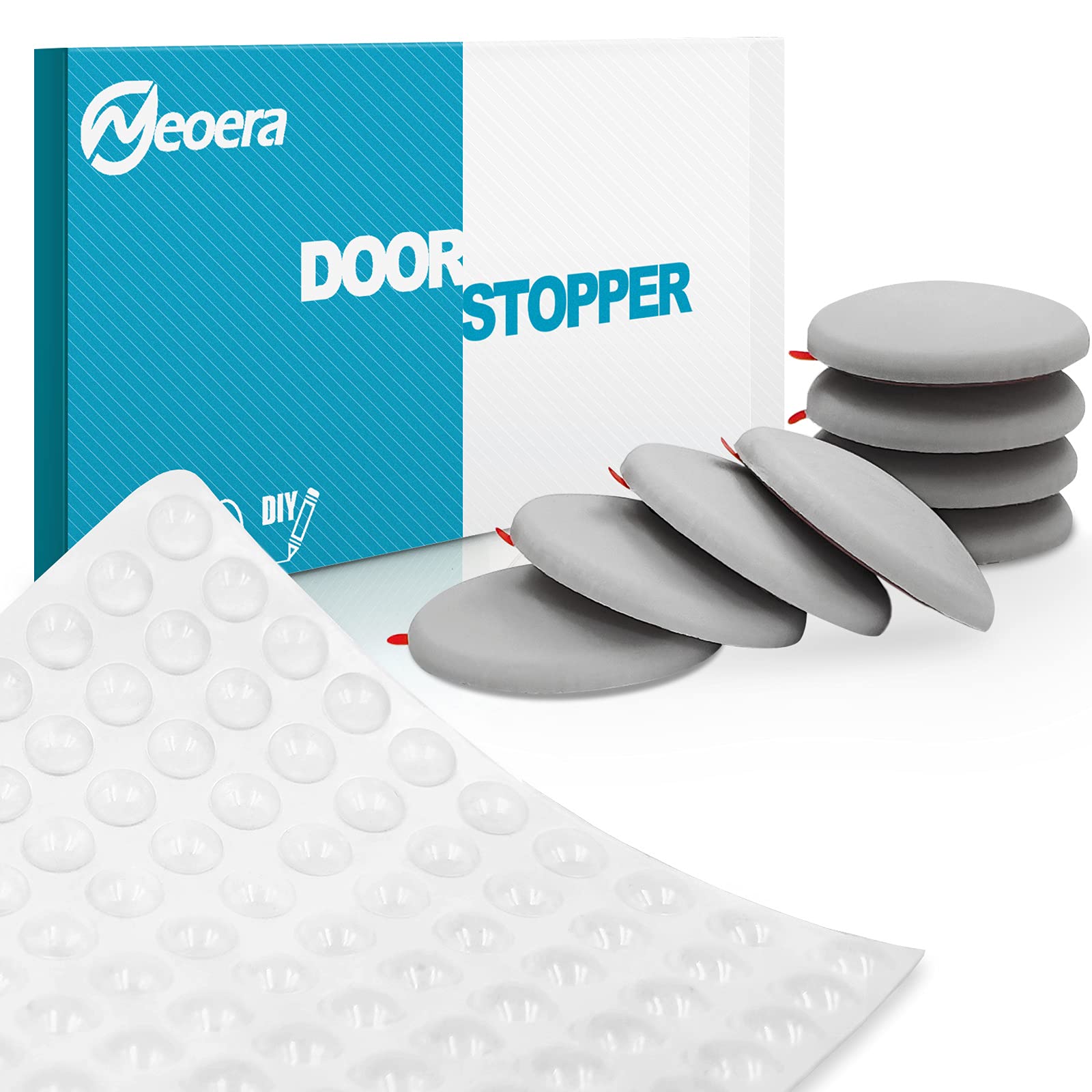Neoera Door Stopper Wall Protector 1.57" Dia Gray 8 pcs & Cabinet Bumpers 3/8" Dia Clear 200 pcs