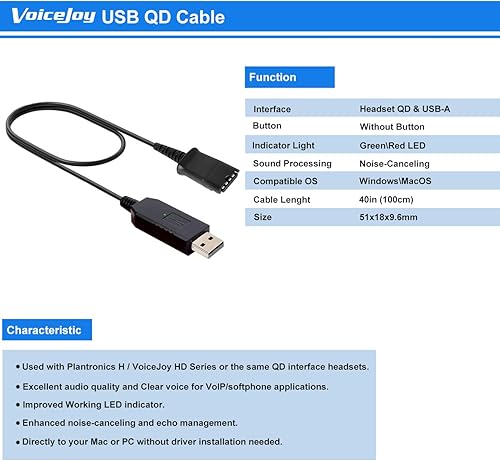 Vista 2 de VoiceJoy Cable QD de desconexión rápida de auriculares de centro de llamadas a adaptador de enchufe USB para Plantronics QD Conector a cualquier