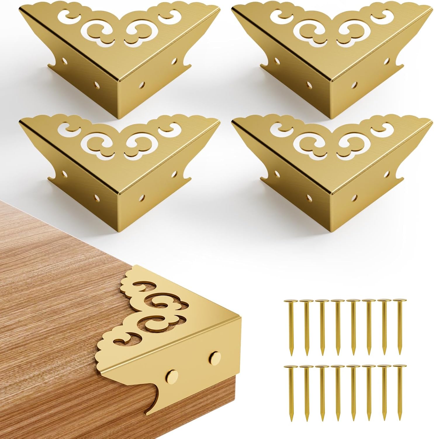 4 Pcs Corner Protectors for Furniture,Retro Style Guard Cabinet Furniture Corner Bumpers for Jewelry Box Gift Box Wooden Case Cabinet Furniture Decorative (Gold)