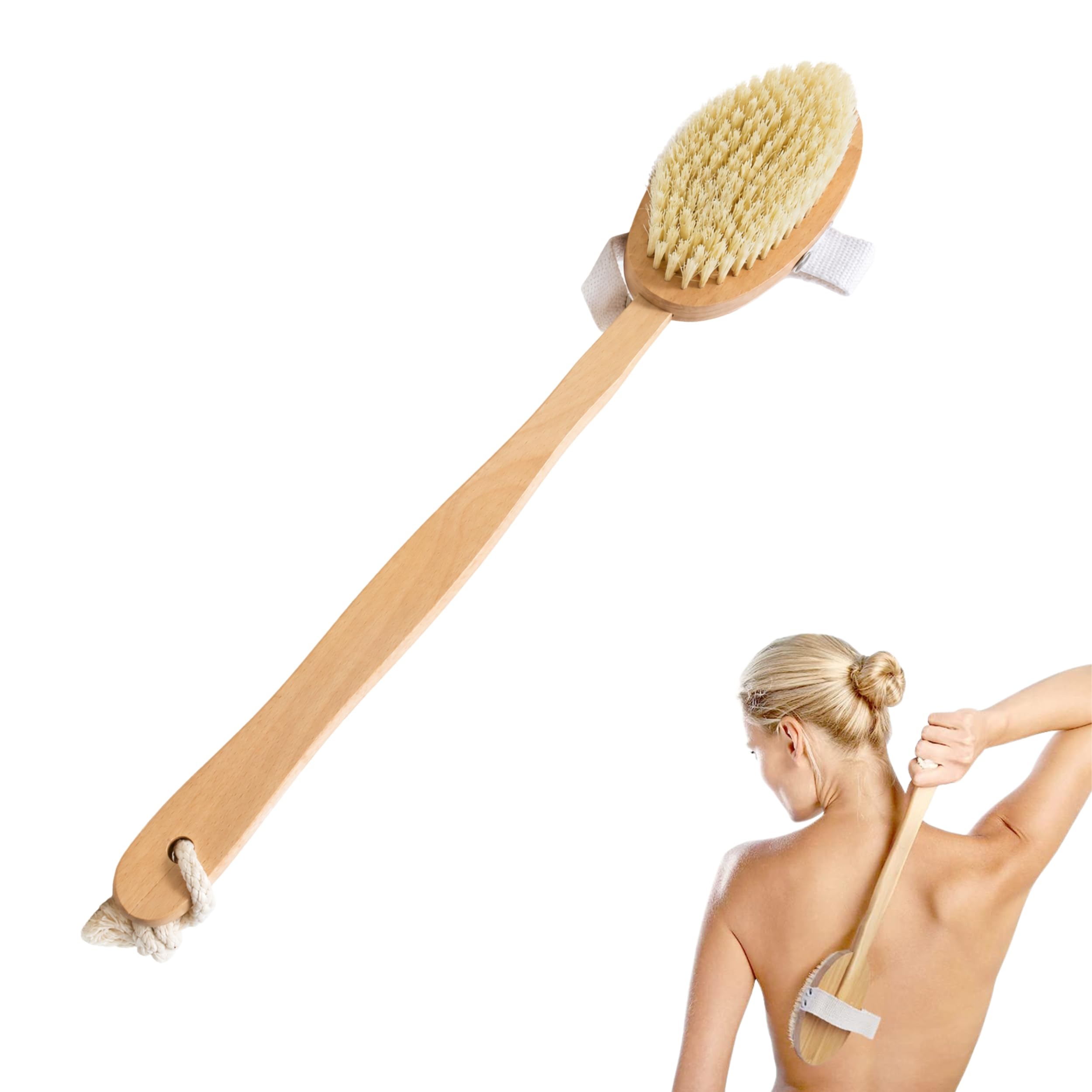 PARENCE. - Wooden Exfoliating Brush with Long Handle and Hook String - Back Brush for Shower and Blood Circulation Massage - Wood, 42x7x3cm