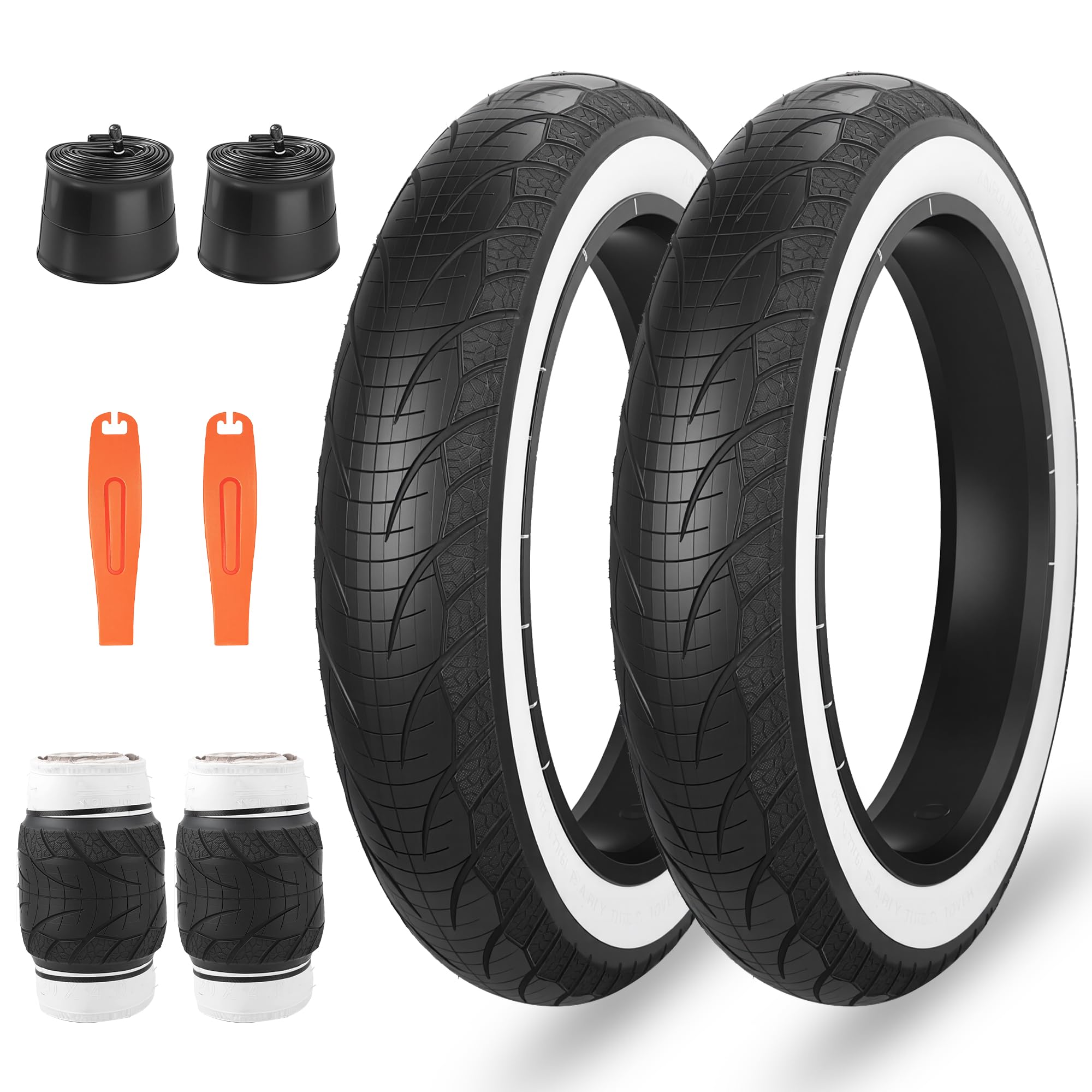 ZUKKA Pack of 2 Bicycle Tyres 20 Inch Fat Bike Tyre 20 x 4.0 Inch Plus 2 Pack 20 Inch Tube 20 x 4.0 AV35 mm for E-Bike Mountain Bike Heavy Duty Snow Bike Tyres, White Wall — image 1